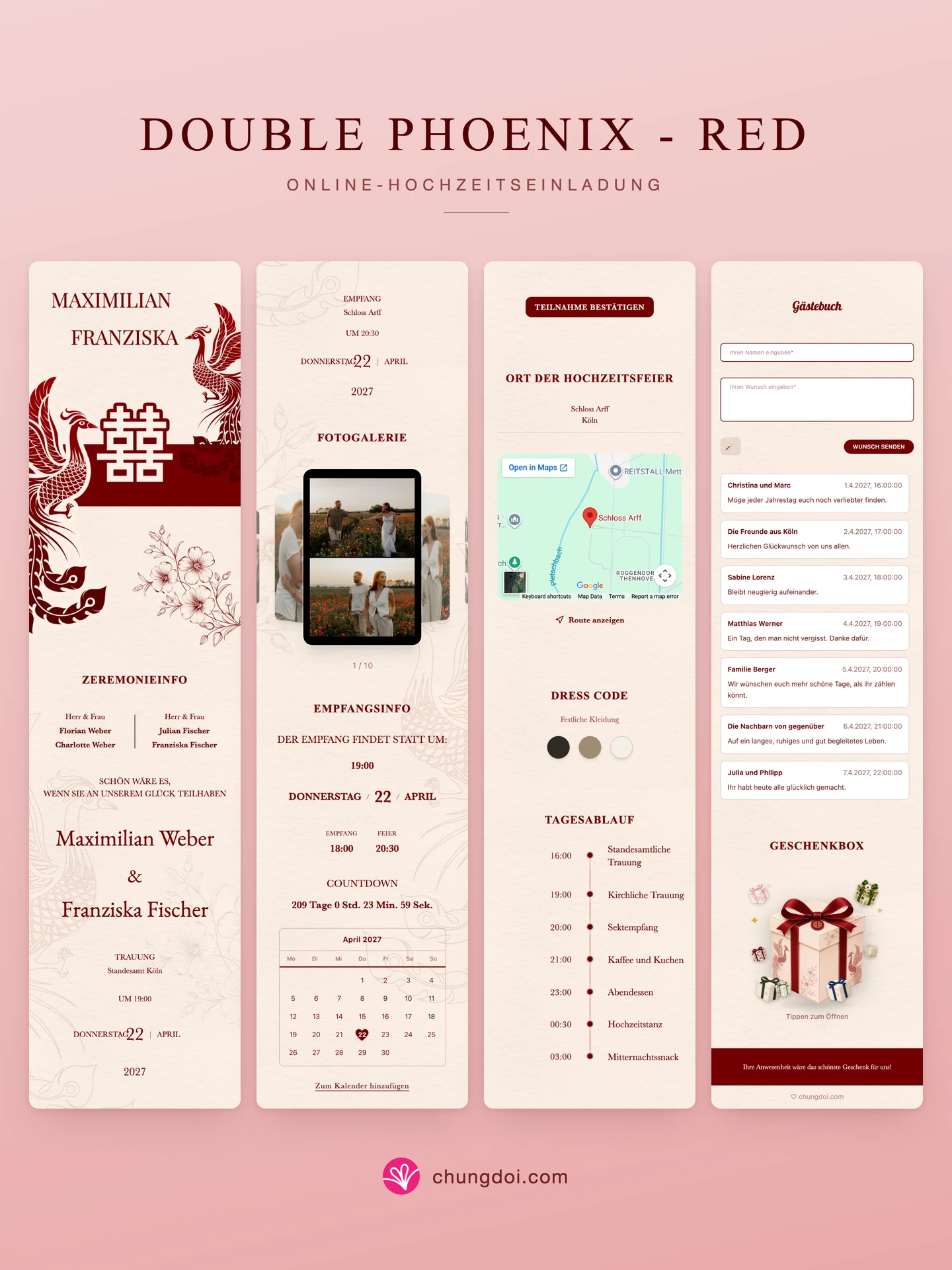 Gesamtansicht der Hochzeitseinladung Double Phoenix - Red: die drei Abschnitte nebeneinander