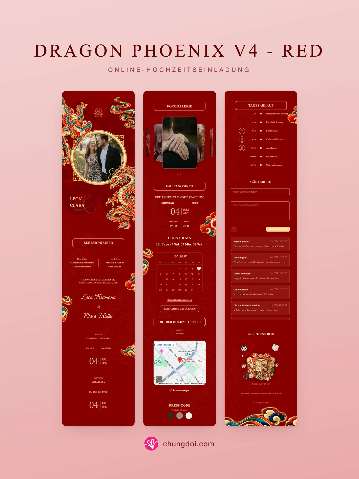 Gesamtansicht der Hochzeitseinladung Dragon Phoenix V4 - Red: die drei Abschnitte nebeneinander