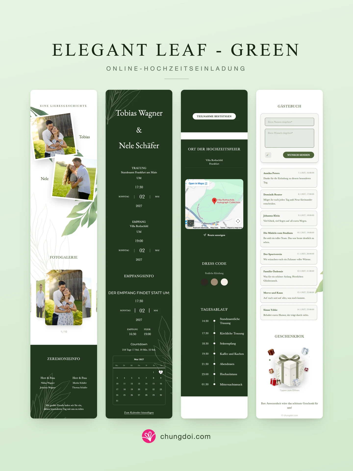 Gesamtansicht der Hochzeitseinladung Elegant Leaf - Green: die drei Abschnitte nebeneinander