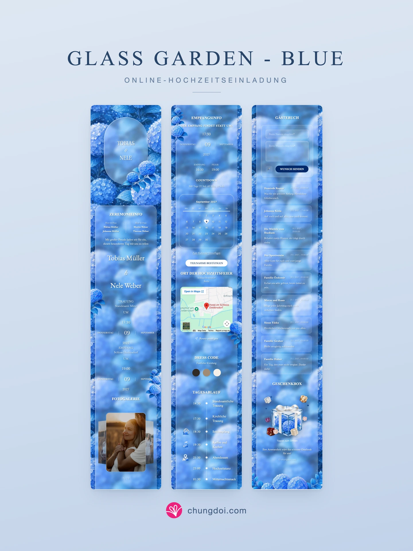 Gesamtansicht der Hochzeitseinladung Glass Garden - Blue: die drei Abschnitte nebeneinander