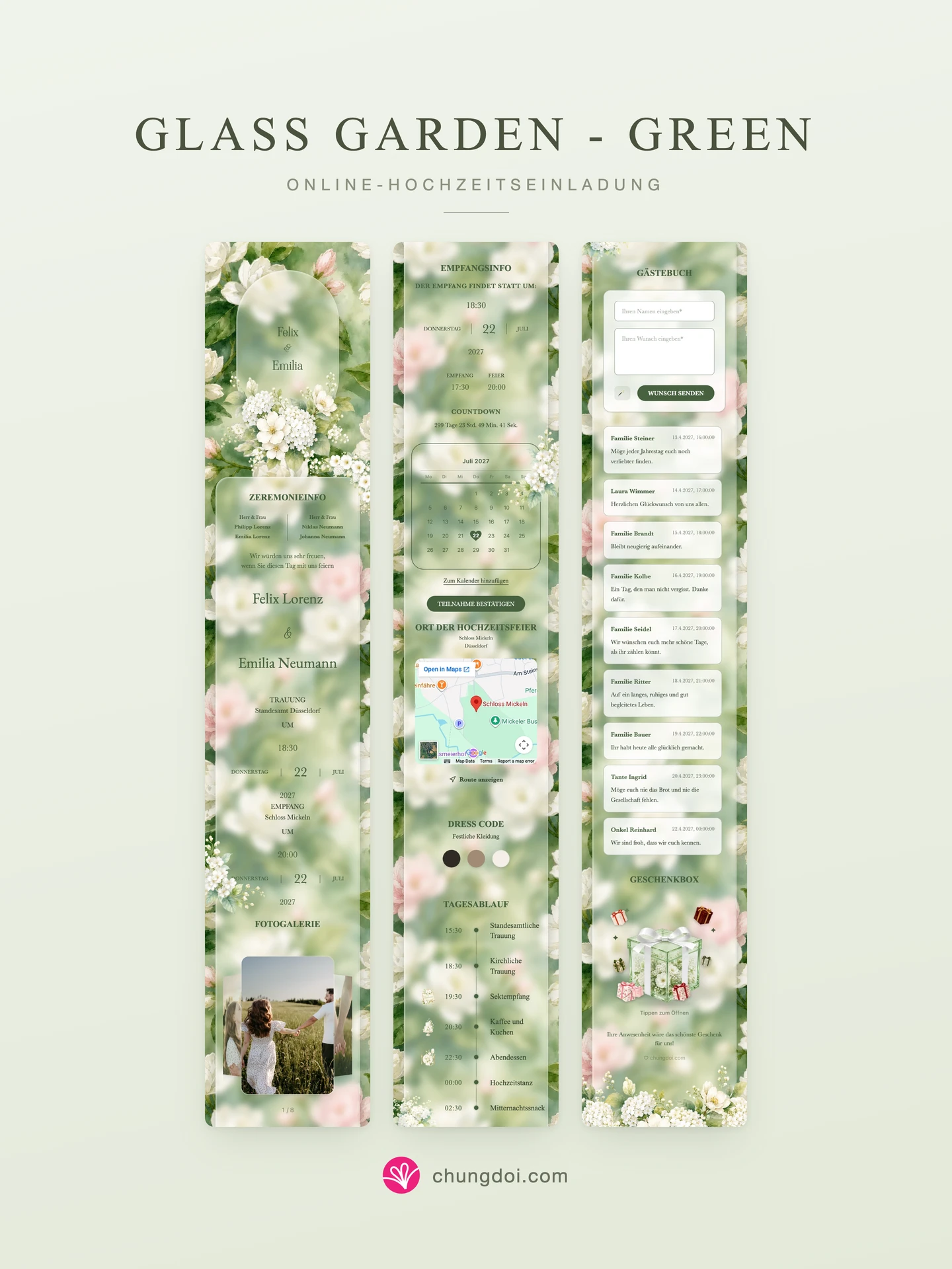 Gesamtansicht der Hochzeitseinladung Glass Garden - Green: die drei Abschnitte nebeneinander