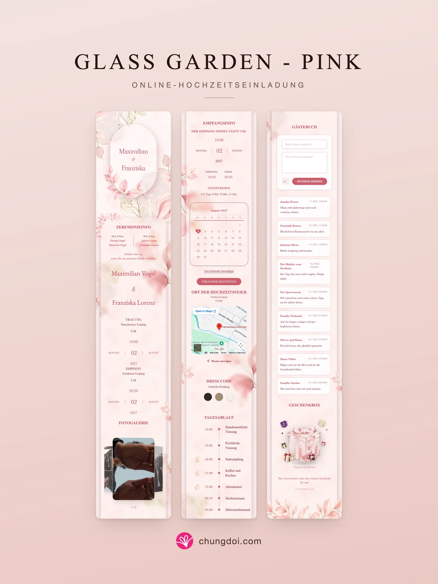 Gesamtansicht der Hochzeitseinladung Glass Garden - Pink: die drei Abschnitte nebeneinander