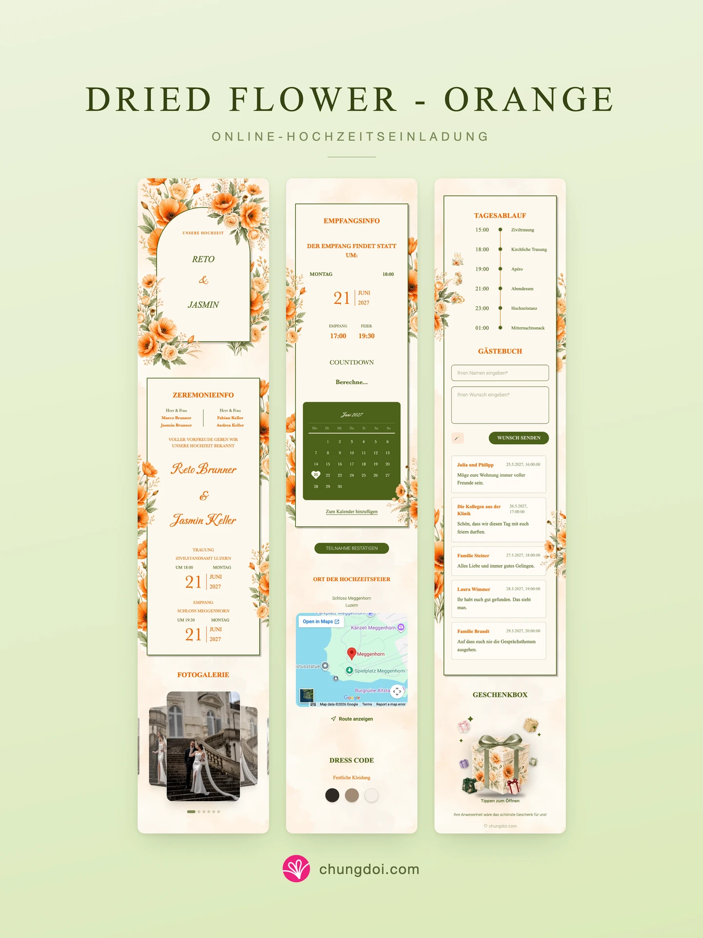 Gesamtansicht der Hochzeitseinladung Dried Flower - Orange: die drei Abschnitte nebeneinander