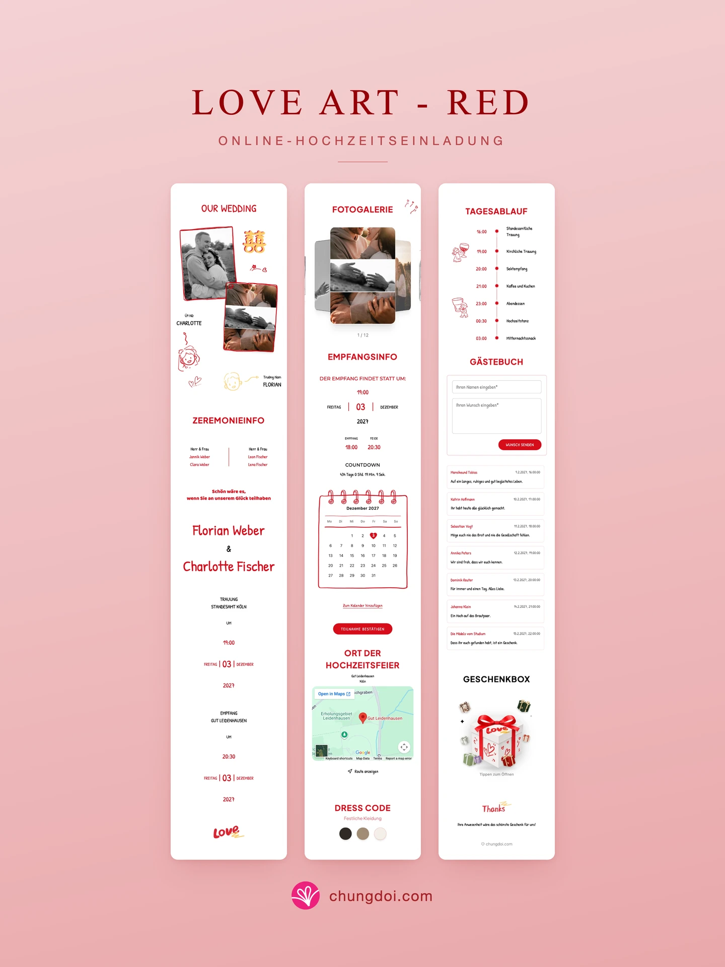 Gesamtansicht der Hochzeitseinladung Love Art - Red: die drei Abschnitte nebeneinander