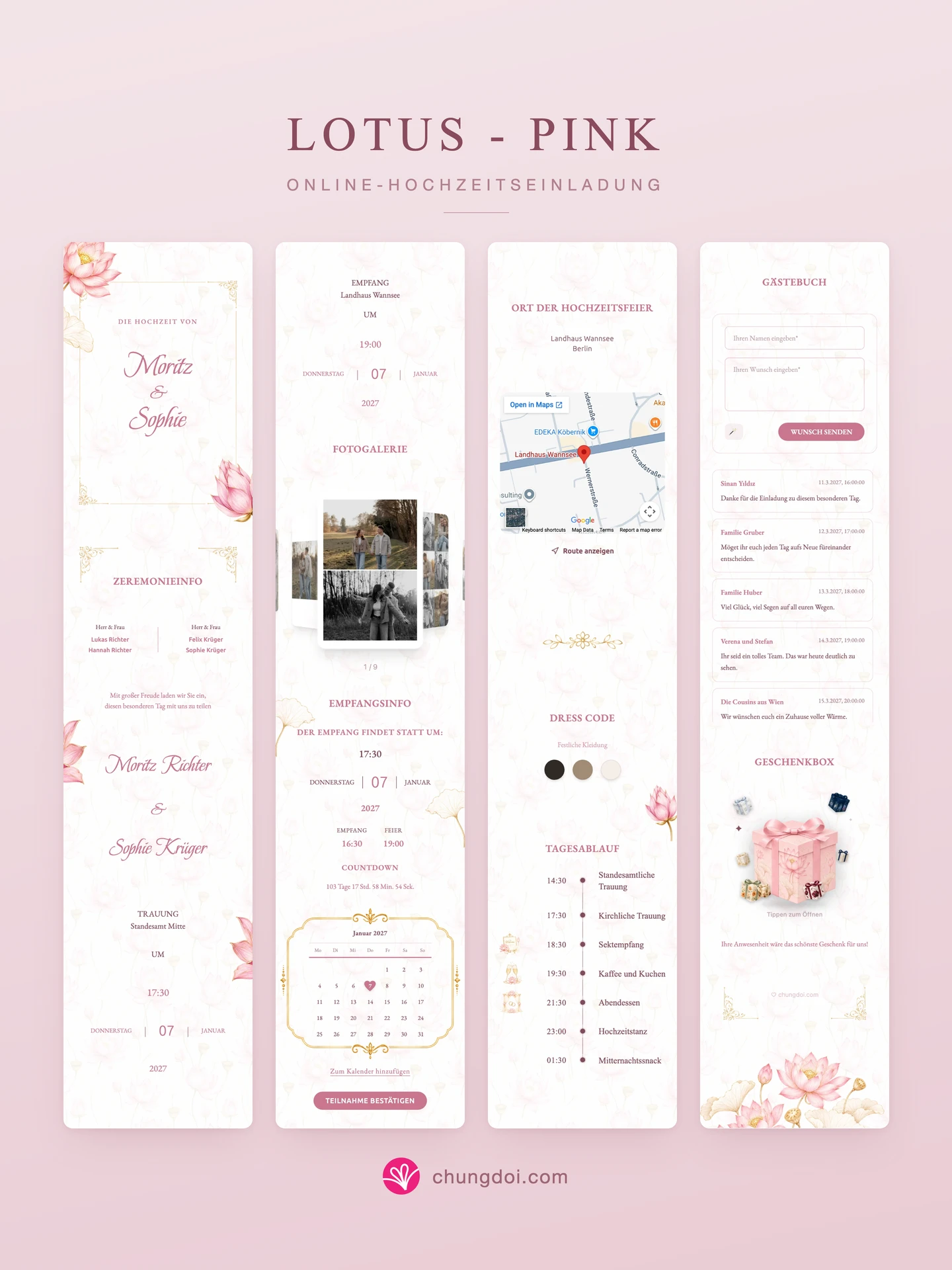 Gesamtansicht der Hochzeitseinladung Lotus - Pink: die drei Abschnitte nebeneinander