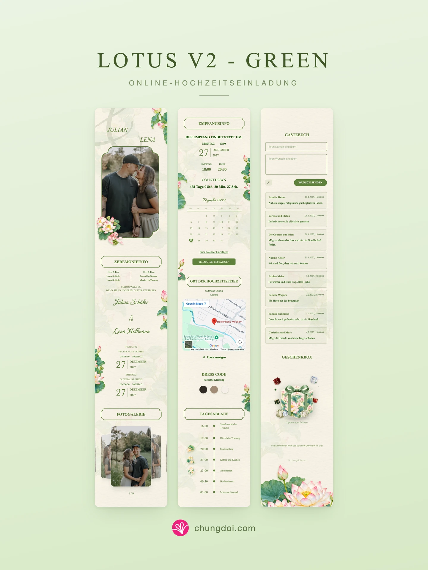 Gesamtansicht der Hochzeitseinladung Lotus V2 - Green: die drei Abschnitte nebeneinander