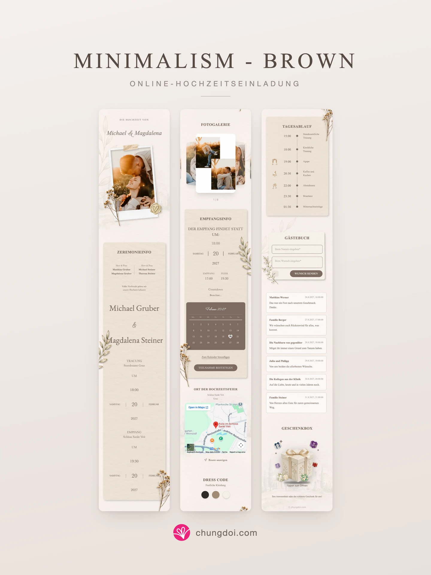 Gesamtansicht der Hochzeitseinladung Minimalism - Brown: die drei Abschnitte nebeneinander