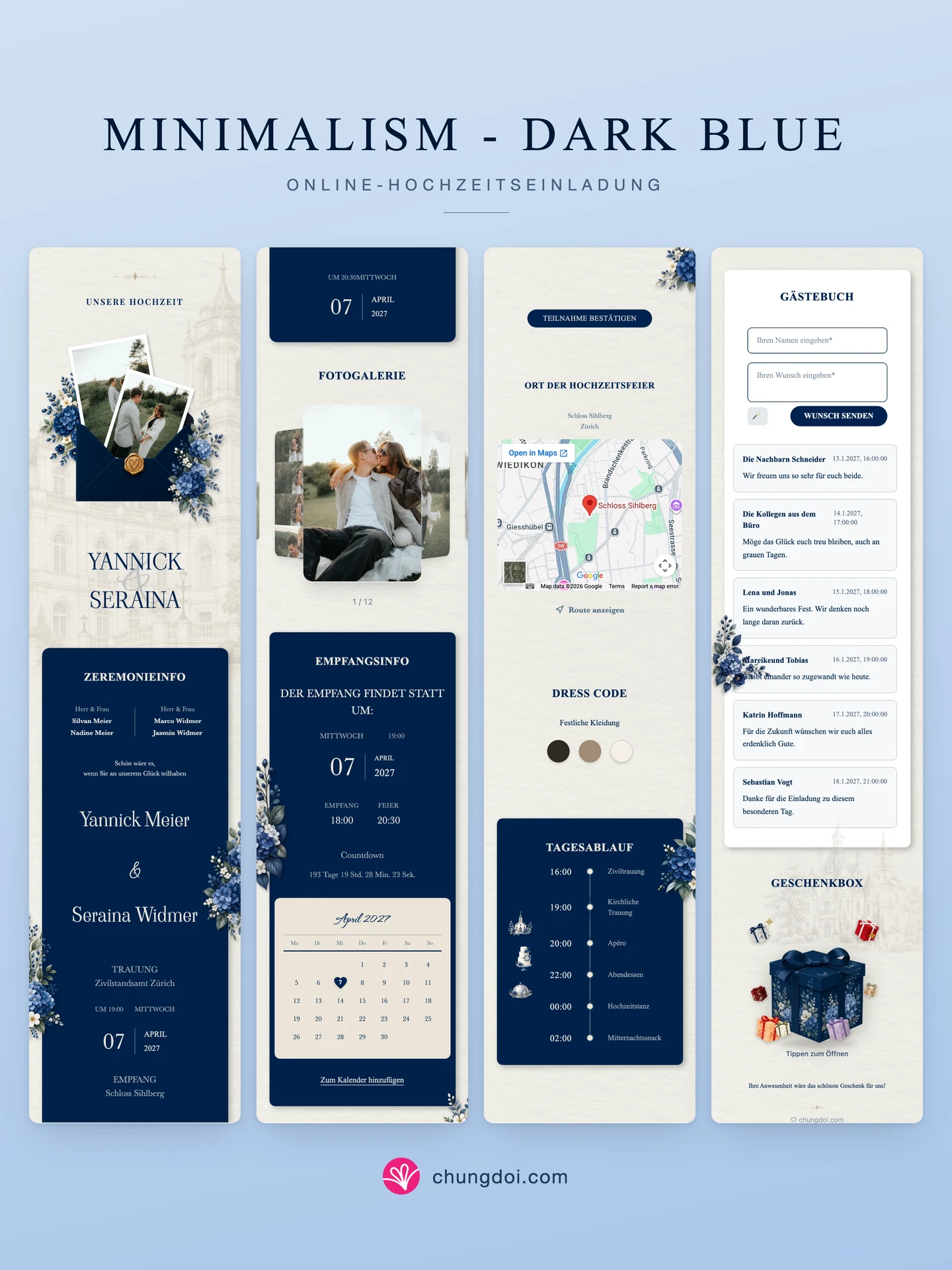 Gesamtansicht der Hochzeitseinladung Minimalism - Dark Blue: die drei Abschnitte nebeneinander
