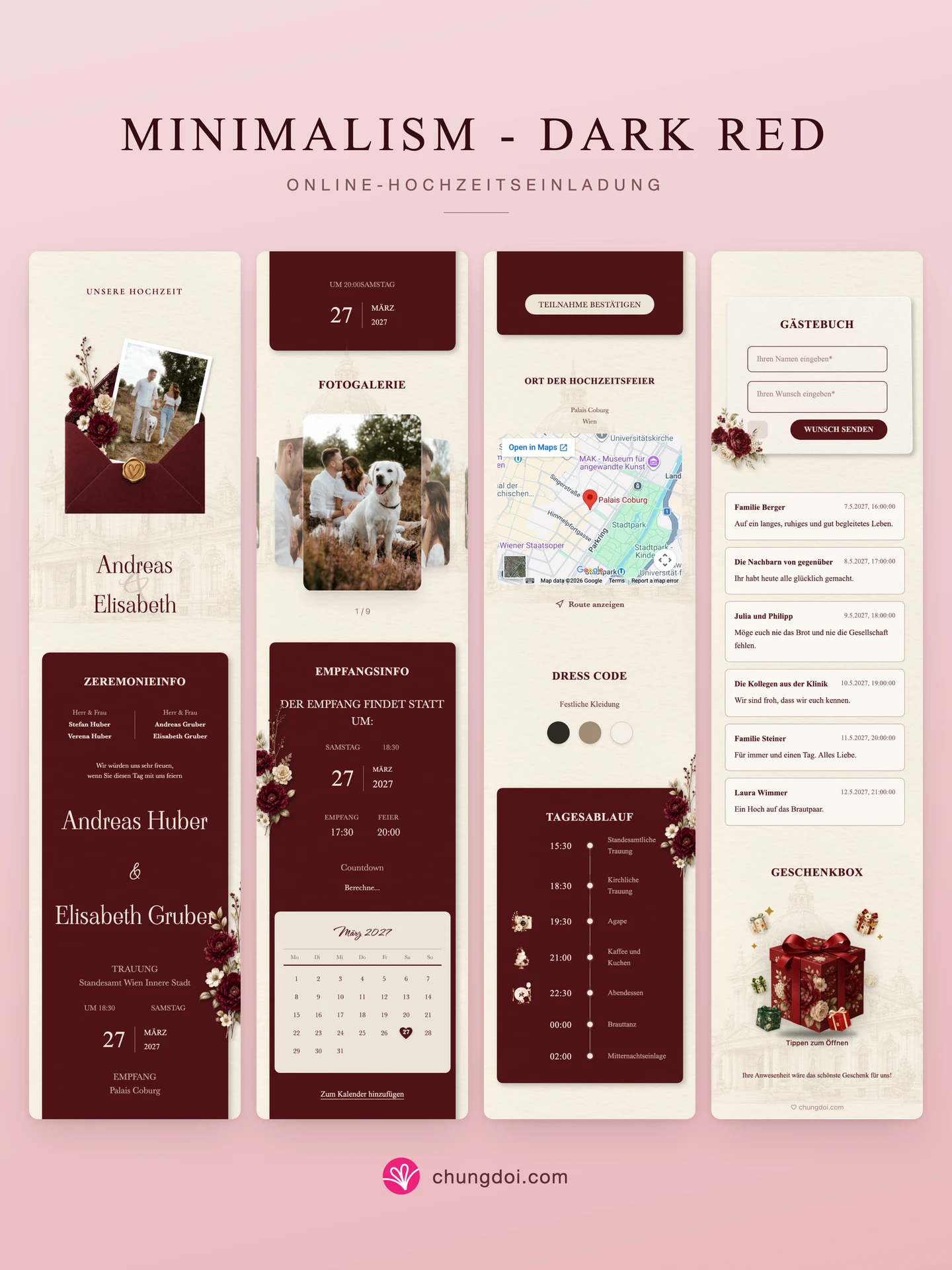 Gesamtansicht der Hochzeitseinladung Minimalism - Dark Red: die drei Abschnitte nebeneinander