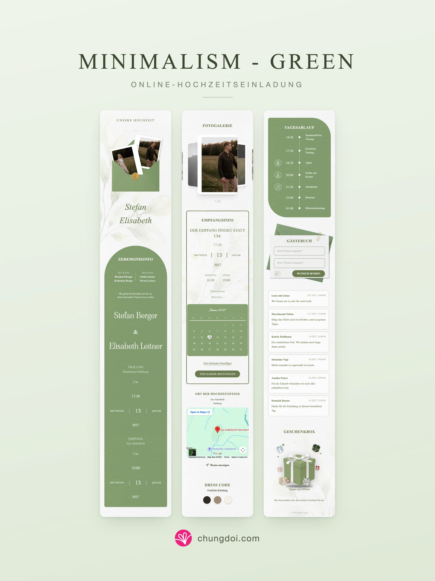 Gesamtansicht der Hochzeitseinladung Minimalism - Green: die drei Abschnitte nebeneinander