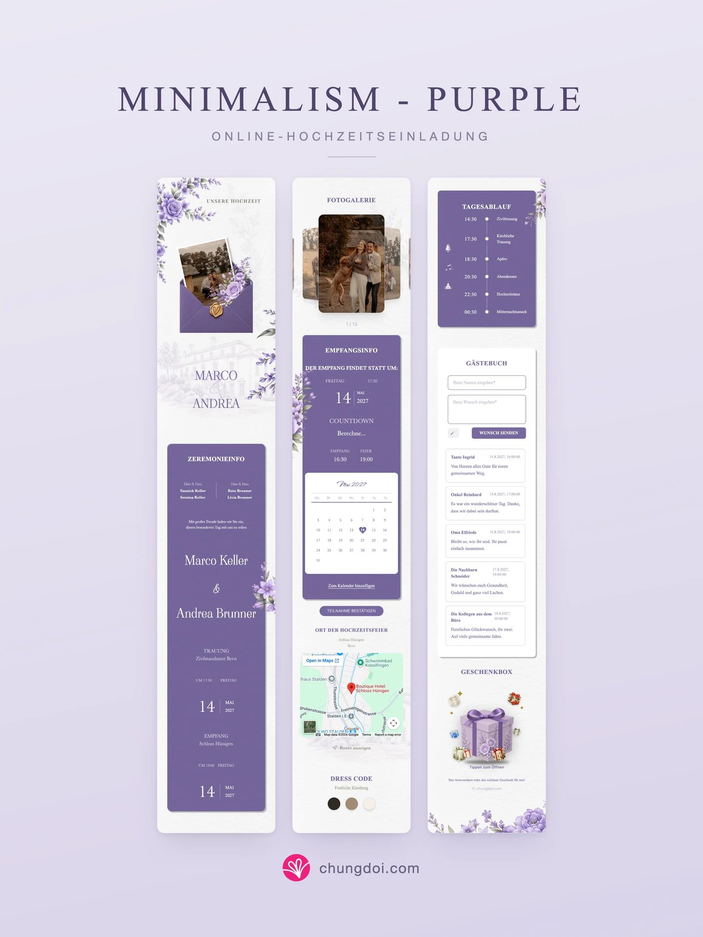 Gesamtansicht der Hochzeitseinladung Minimalism - Purple: die drei Abschnitte nebeneinander