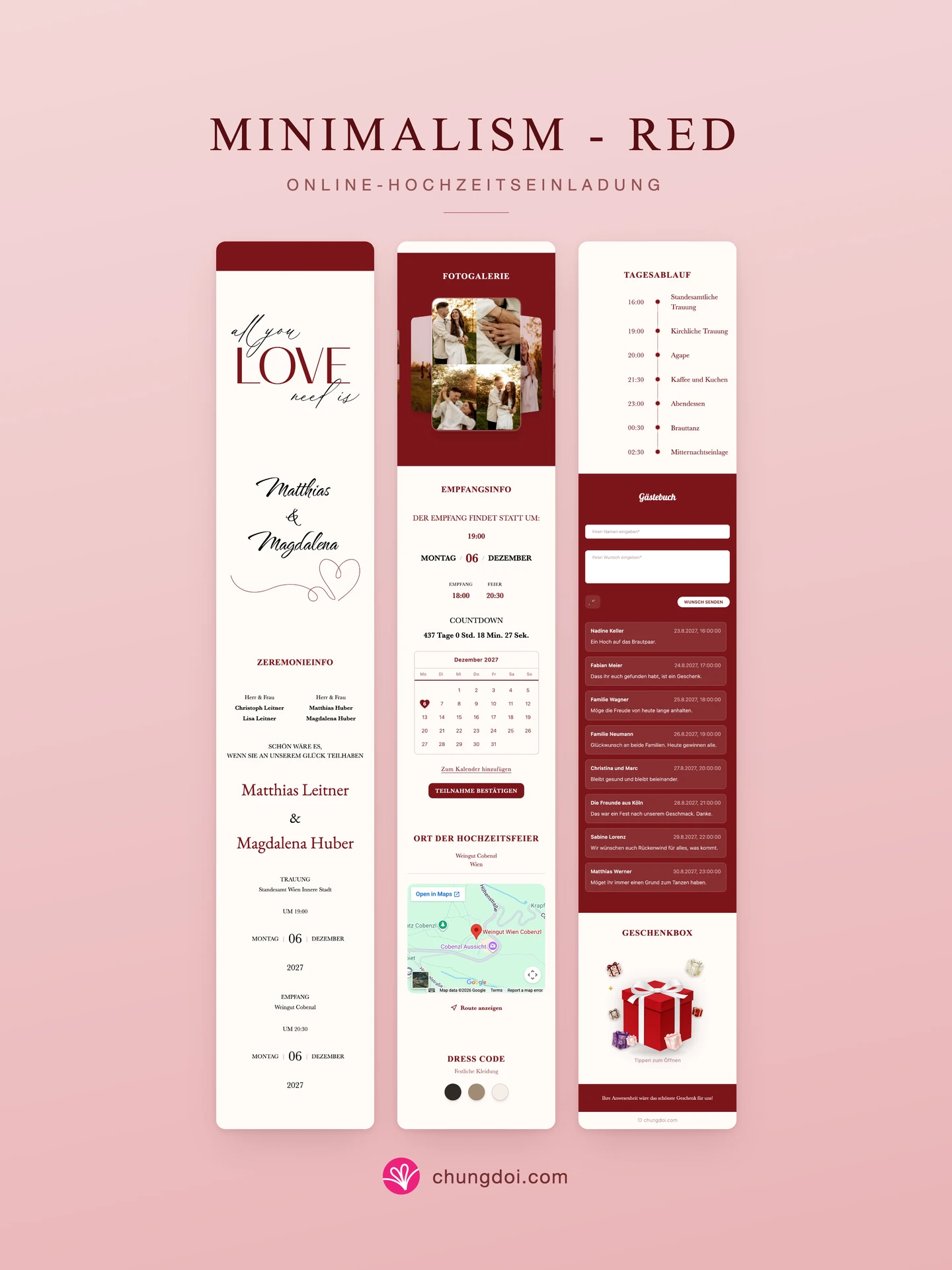 Gesamtansicht der Hochzeitseinladung Minimalism - Red: die drei Abschnitte nebeneinander