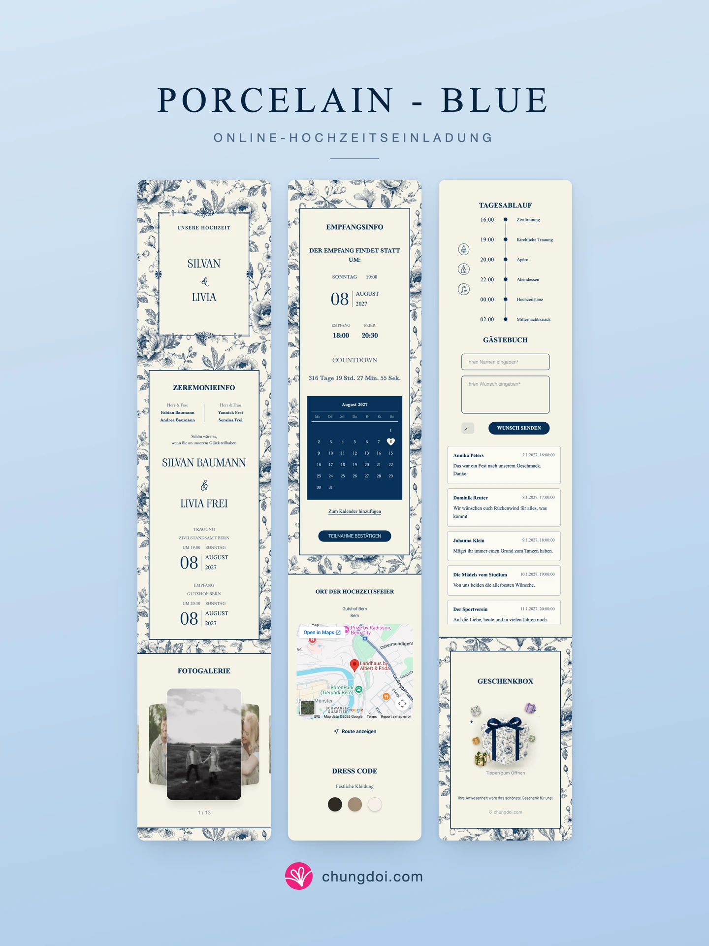 Gesamtansicht der Hochzeitseinladung Porcelain - Blue: die drei Abschnitte nebeneinander