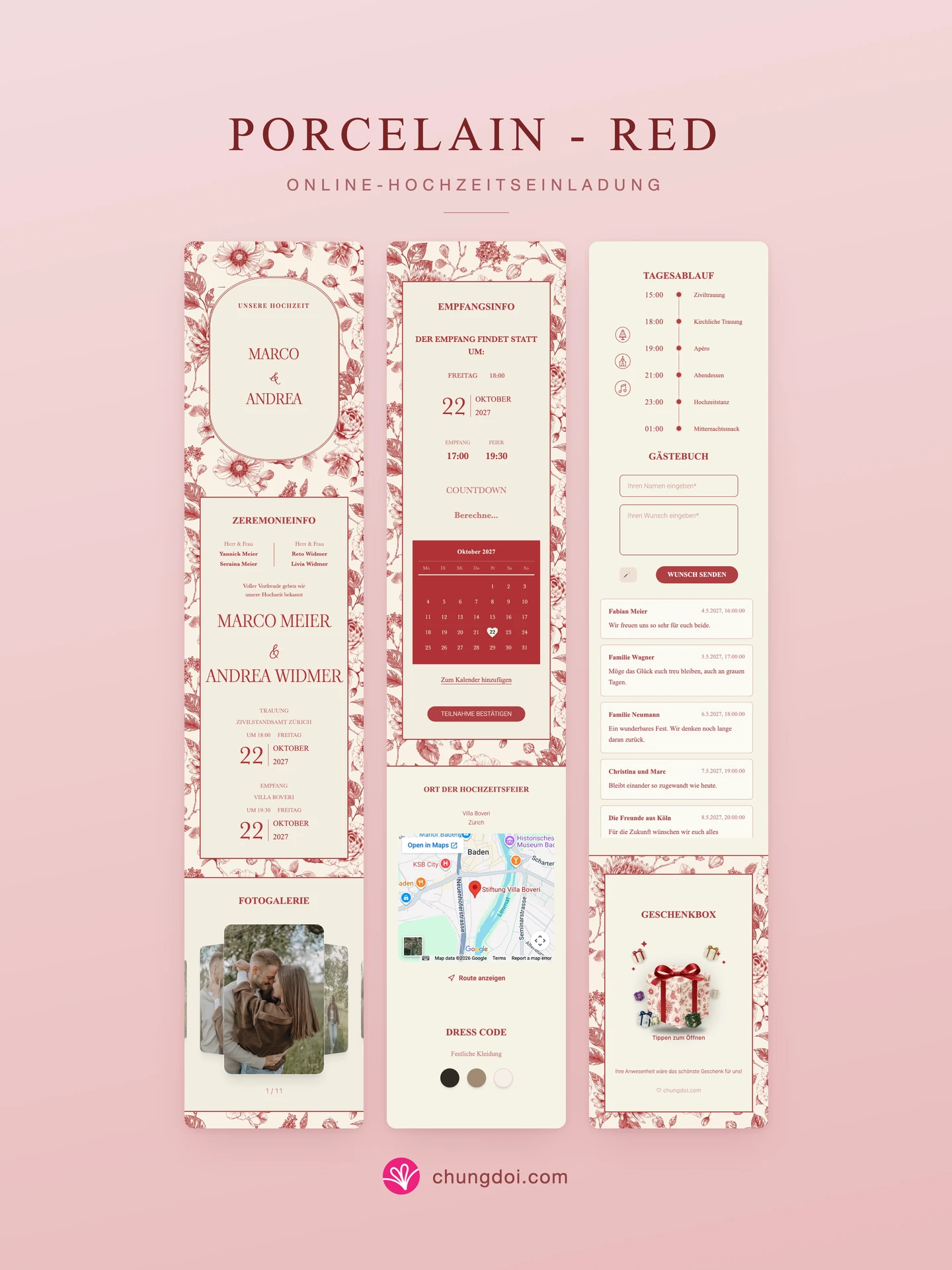 Gesamtansicht der Hochzeitseinladung Porcelain - Red: die drei Abschnitte nebeneinander