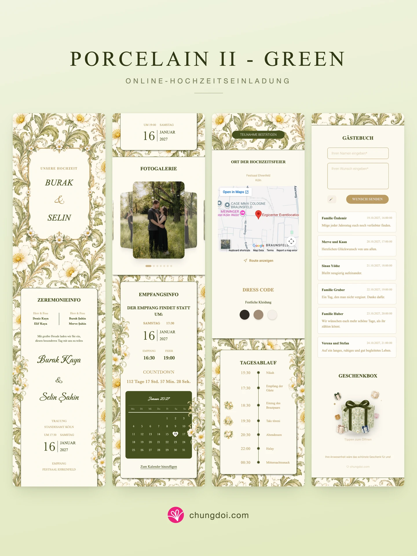 Gesamtansicht der Hochzeitseinladung Porcelain II - Green: die drei Abschnitte nebeneinander