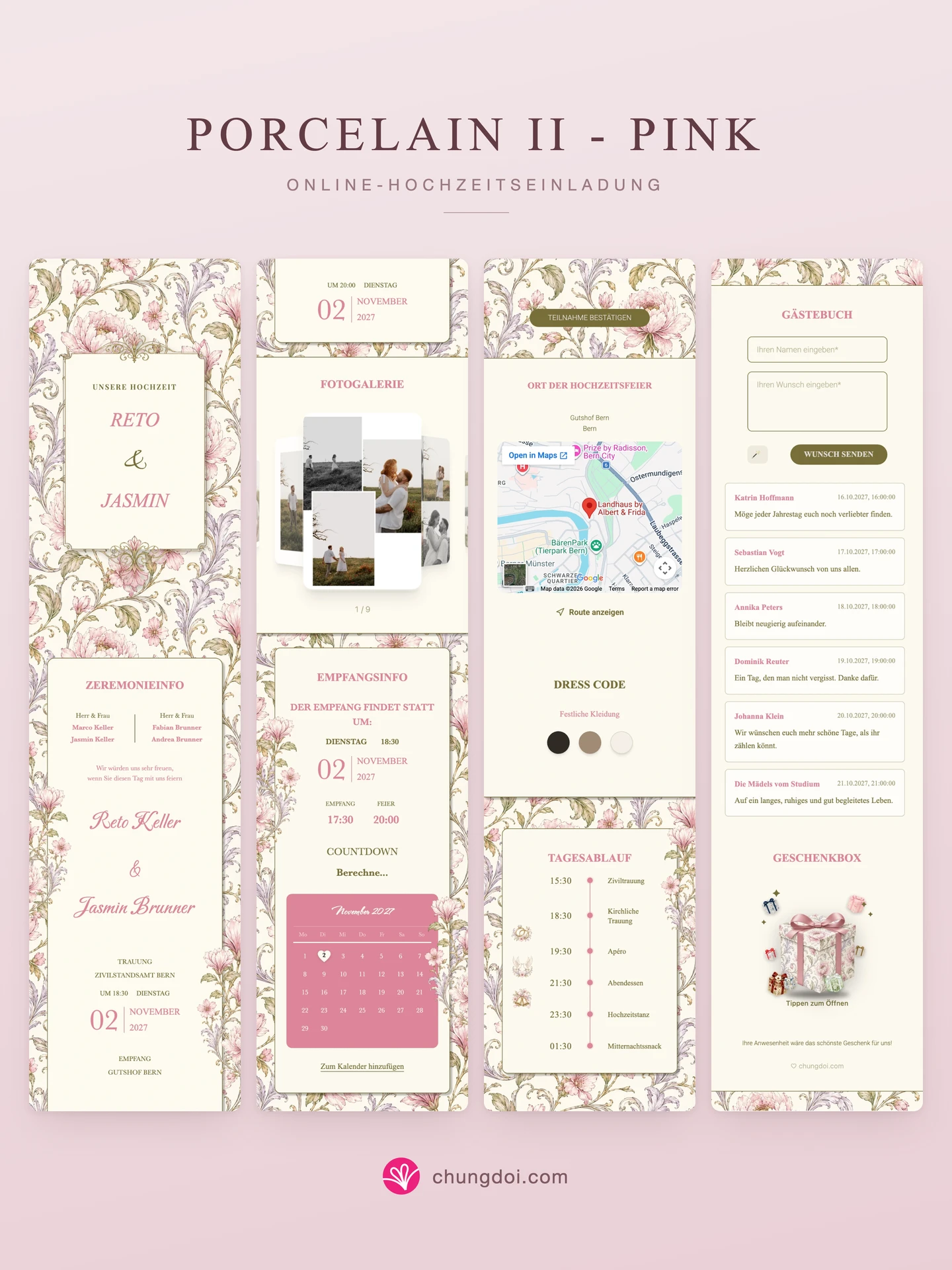 Gesamtansicht der Hochzeitseinladung Porcelain II - Pink: die drei Abschnitte nebeneinander