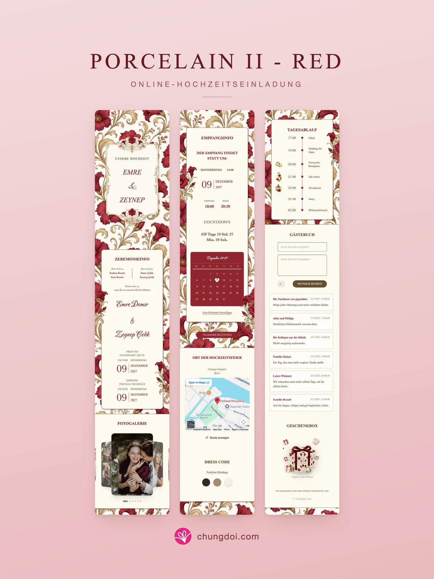 Gesamtansicht der Hochzeitseinladung Porcelain II - Red: die drei Abschnitte nebeneinander