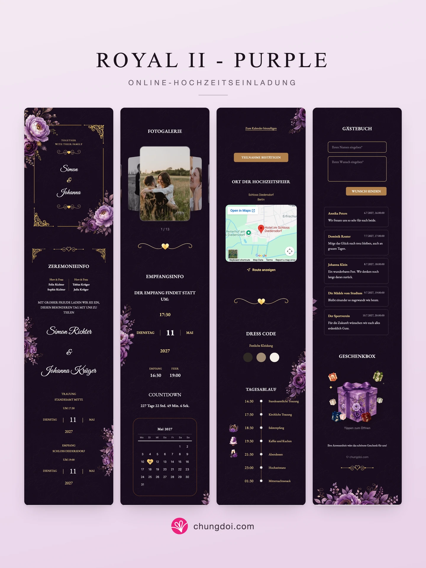 Gesamtansicht der Hochzeitseinladung Royal II - Purple: die drei Abschnitte nebeneinander