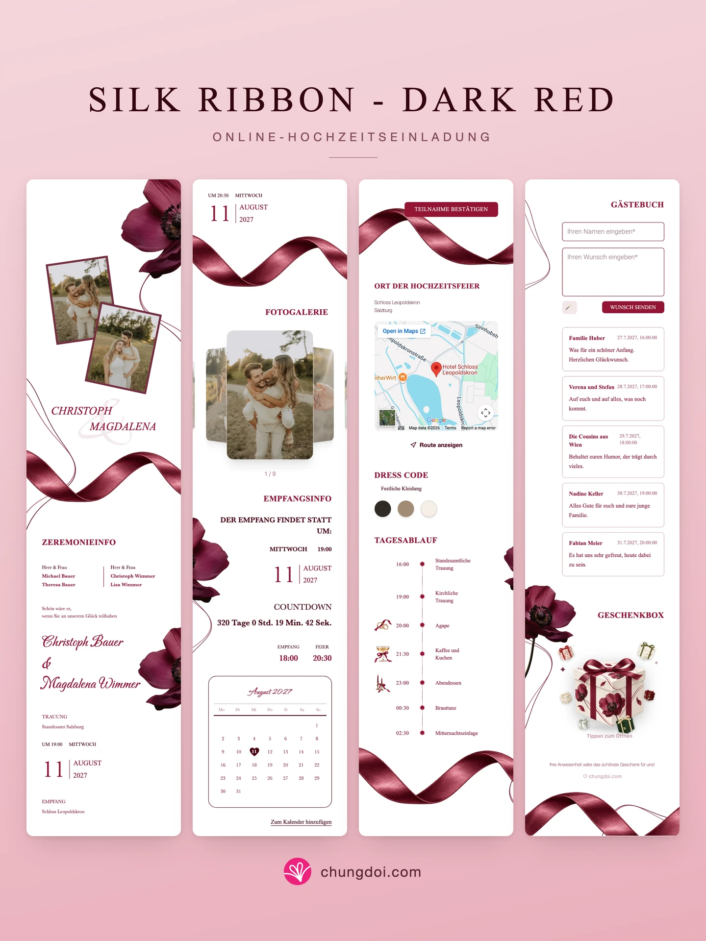 Gesamtansicht der Hochzeitseinladung Silk Ribbon - Dark Red: die drei Abschnitte nebeneinander
