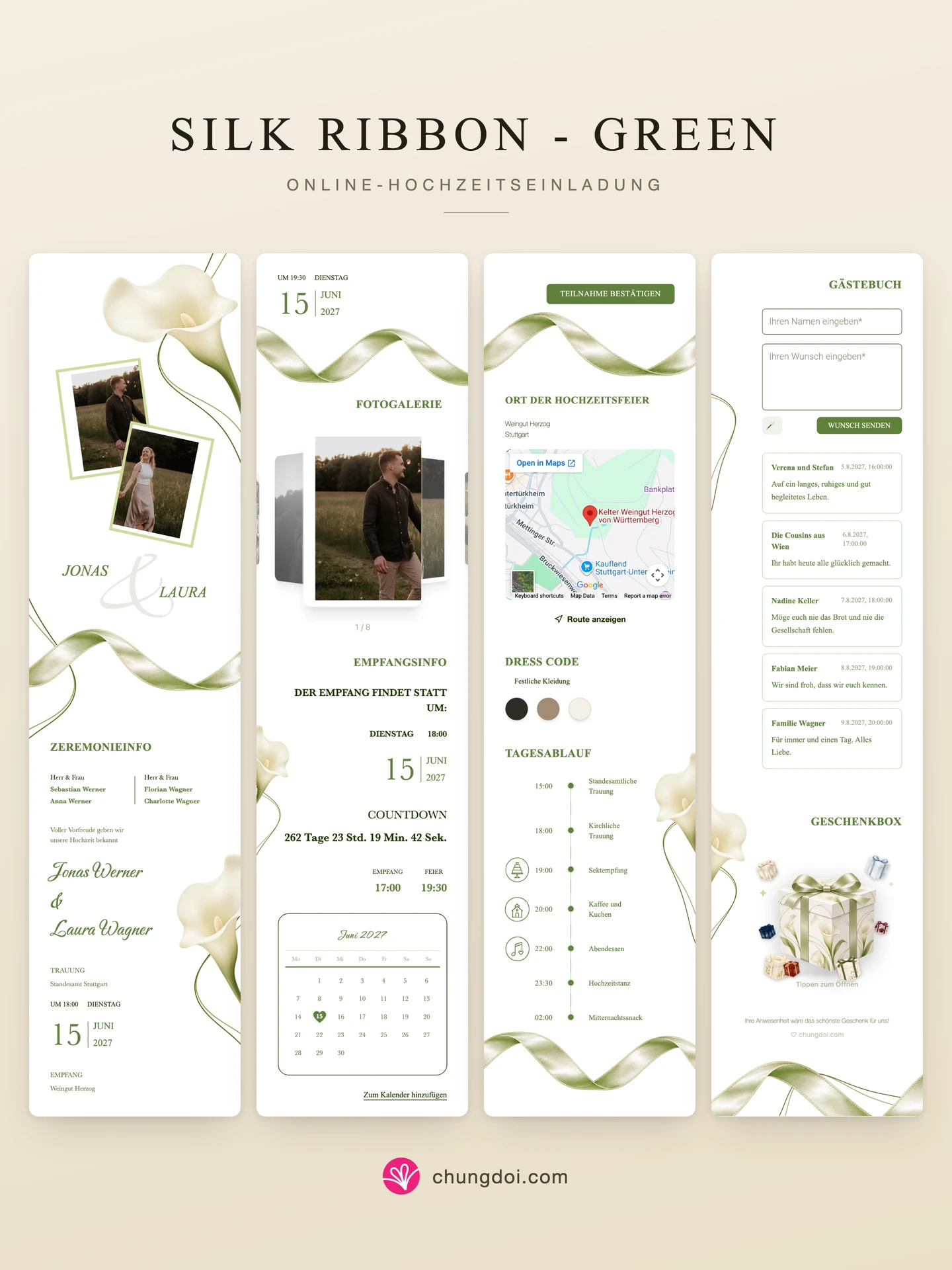 Gesamtansicht der Hochzeitseinladung Silk Ribbon - Green: die drei Abschnitte nebeneinander