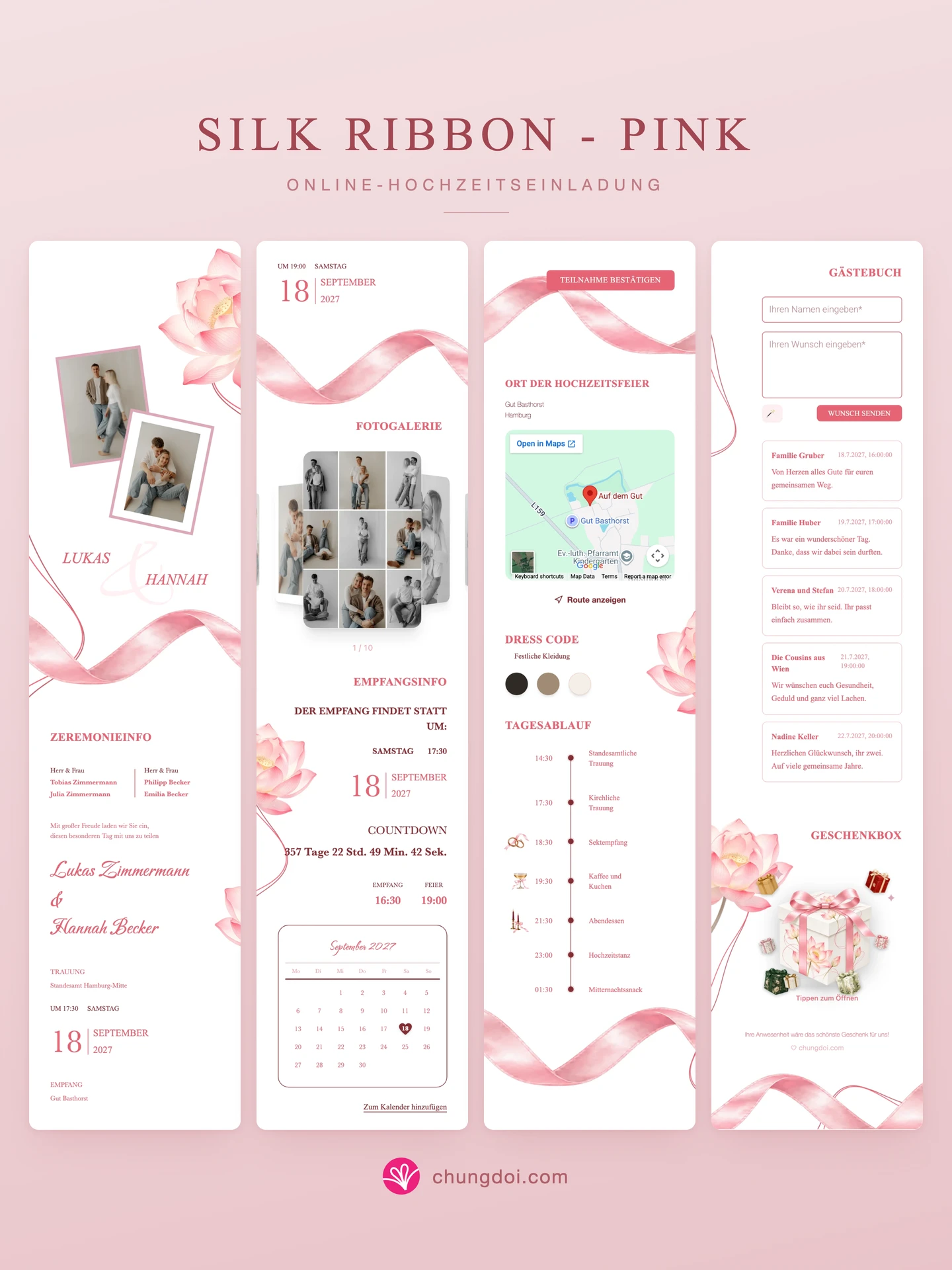 Gesamtansicht der Hochzeitseinladung Silk Ribbon - Pink: die drei Abschnitte nebeneinander