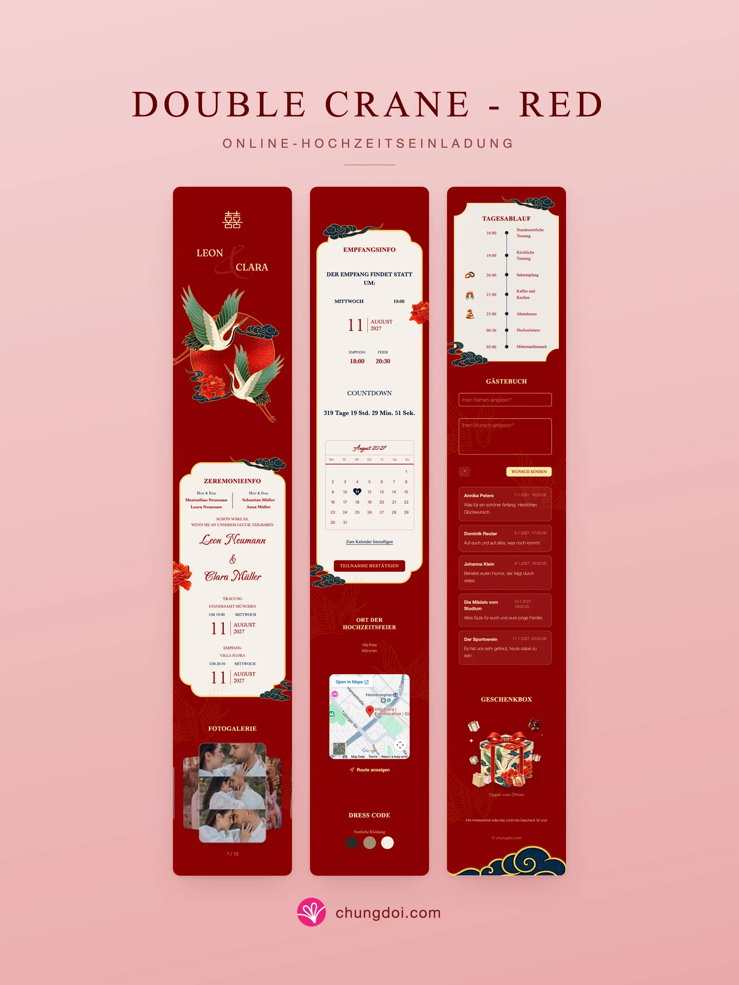 Gesamtansicht der Hochzeitseinladung Double Crane - Red: die drei Abschnitte nebeneinander