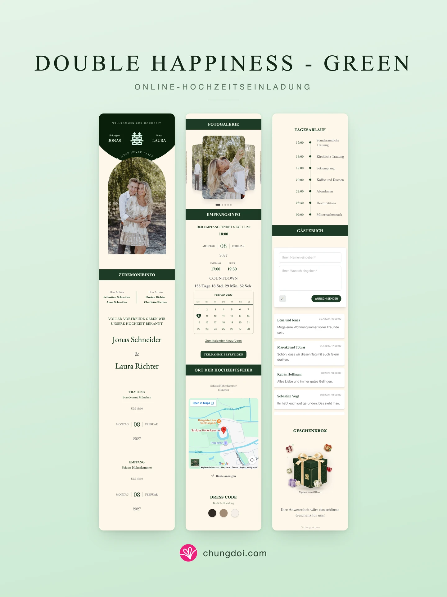 Gesamtansicht der Hochzeitseinladung Double Happiness - Green: die drei Abschnitte nebeneinander