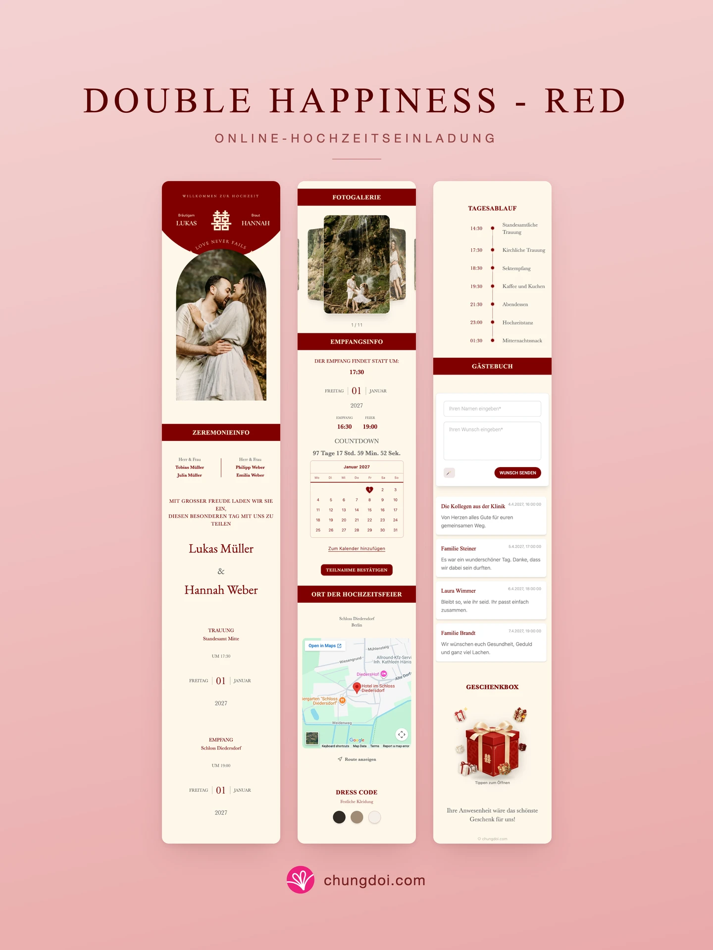 Gesamtansicht der Hochzeitseinladung Double Happiness - Red: die drei Abschnitte nebeneinander