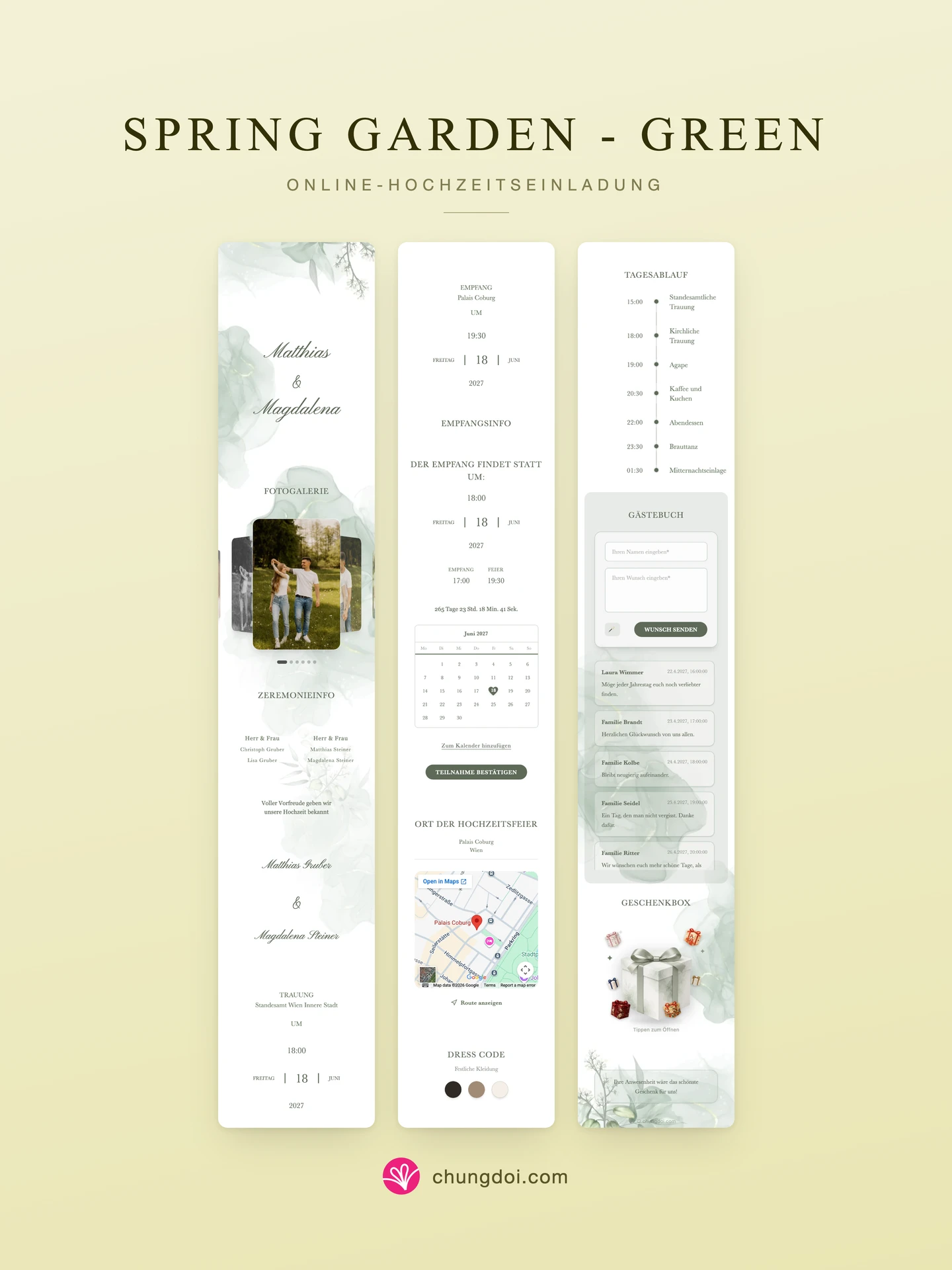 Gesamtansicht der Hochzeitseinladung Spring Garden - Green: die drei Abschnitte nebeneinander