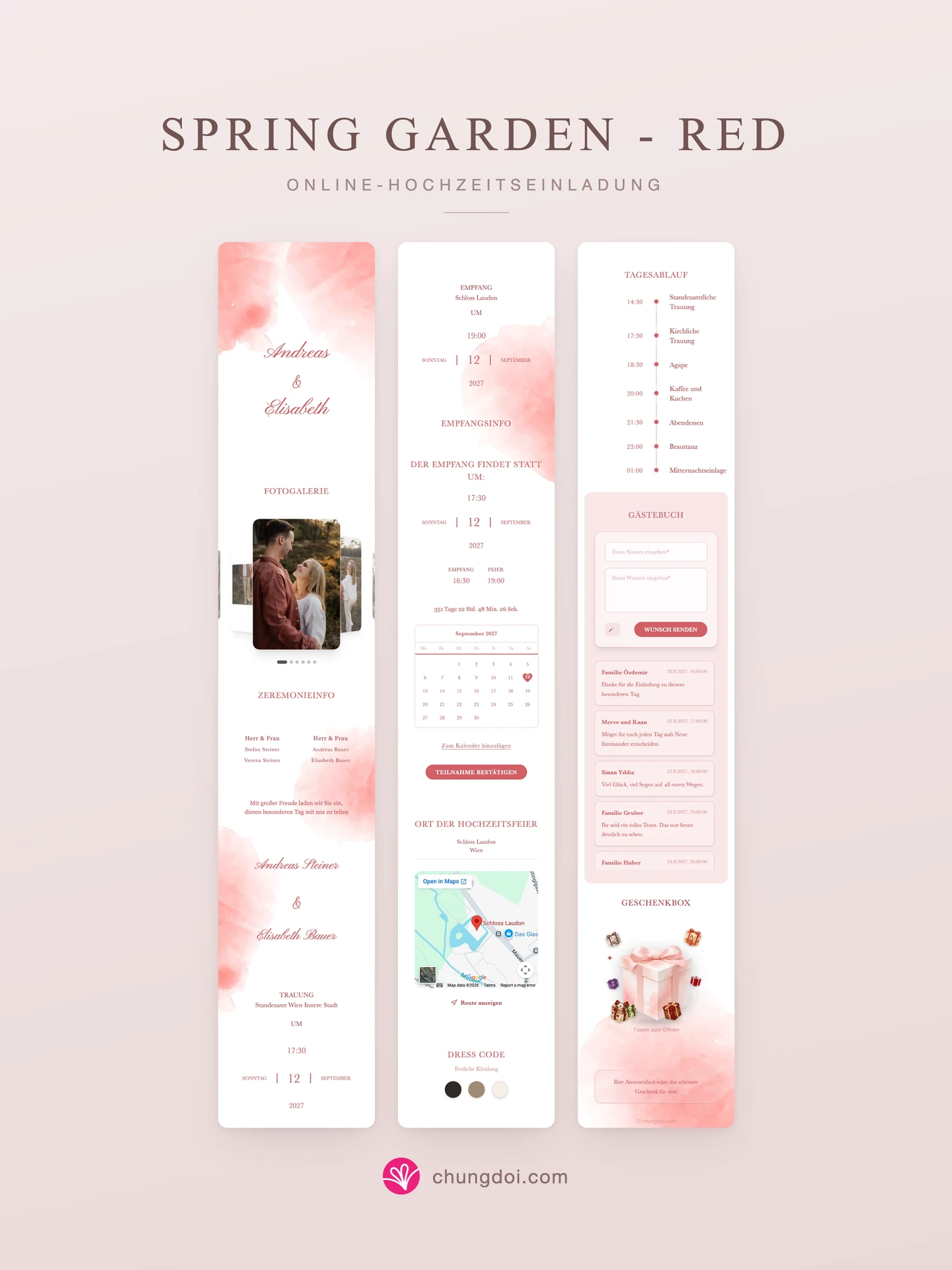Gesamtansicht der Hochzeitseinladung Spring Garden - Red: die drei Abschnitte nebeneinander