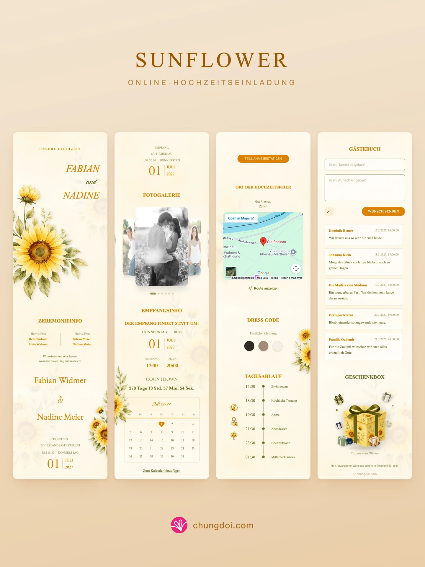 Gesamtansicht der Hochzeitseinladung Sunflower: die drei Abschnitte nebeneinander