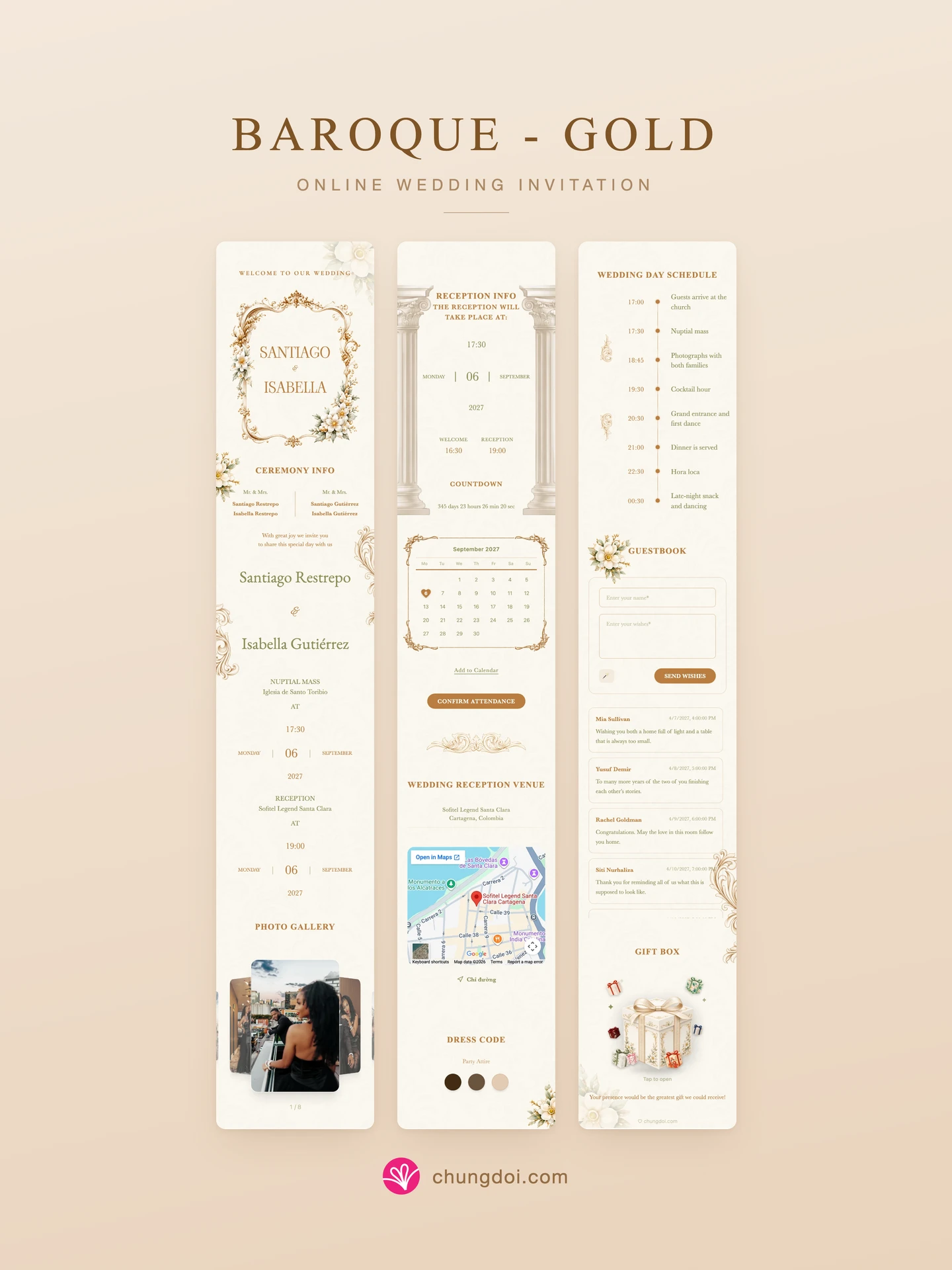 Full view of the Baroque - Gold wedding invitation: its three sections side by side