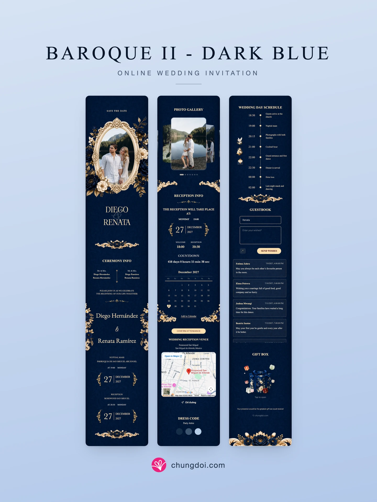 Full view of the Baroque II - Dark Blue wedding invitation: its three sections side by side