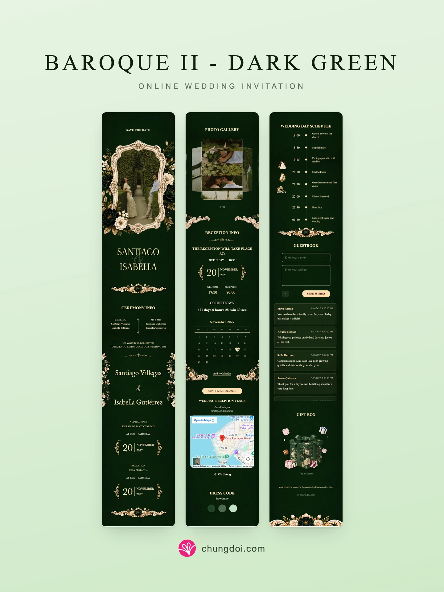 Full view of the Baroque II - Dark Green wedding invitation: its three sections side by side