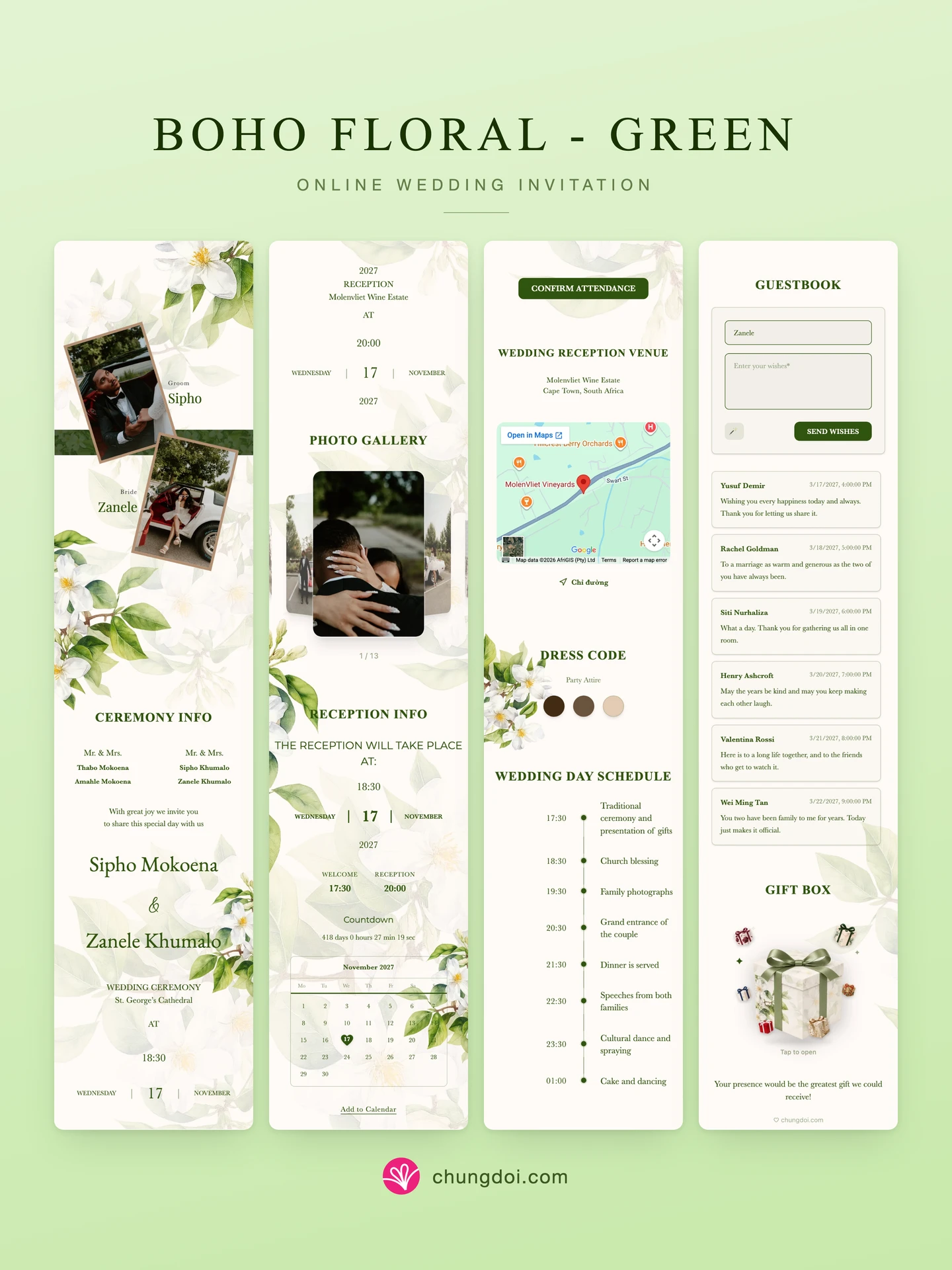 Full view of the Boho Floral - Green wedding invitation: its three sections side by side