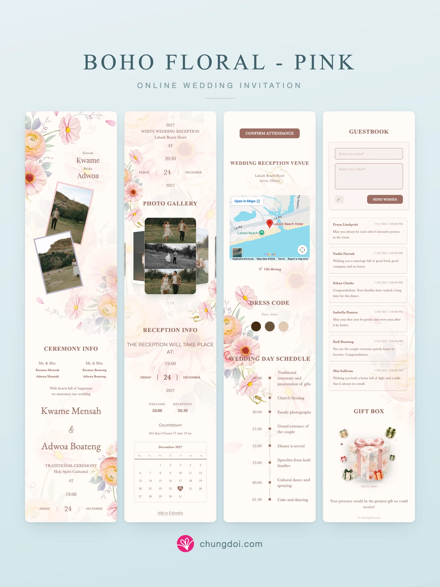 Full view of the Boho Floral - Pink wedding invitation: its three sections side by side