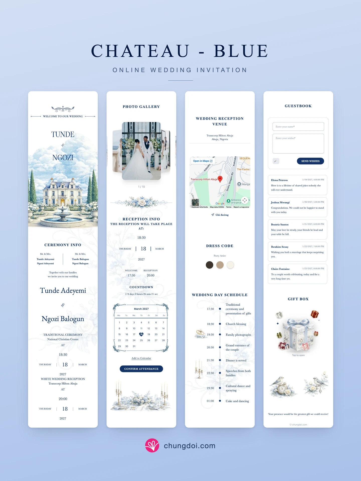 Full view of the Chateau - Blue wedding invitation: its three sections side by side