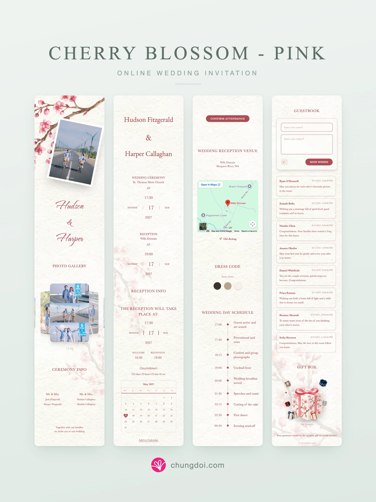 Full view of the Cherry Blossom - Pink wedding invitation: its three sections side by side