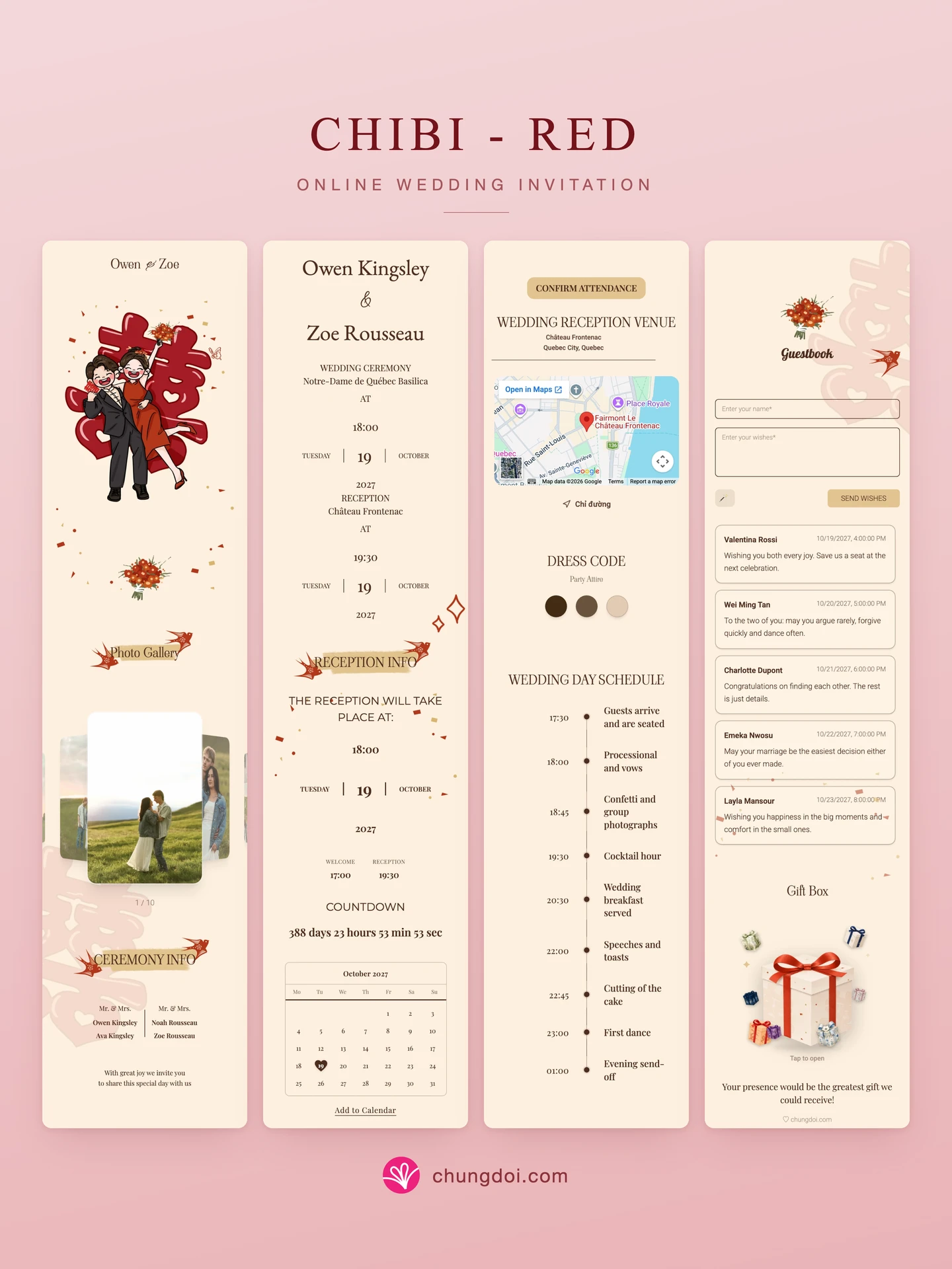 Full view of the Chibi - Red wedding invitation: its three sections side by side