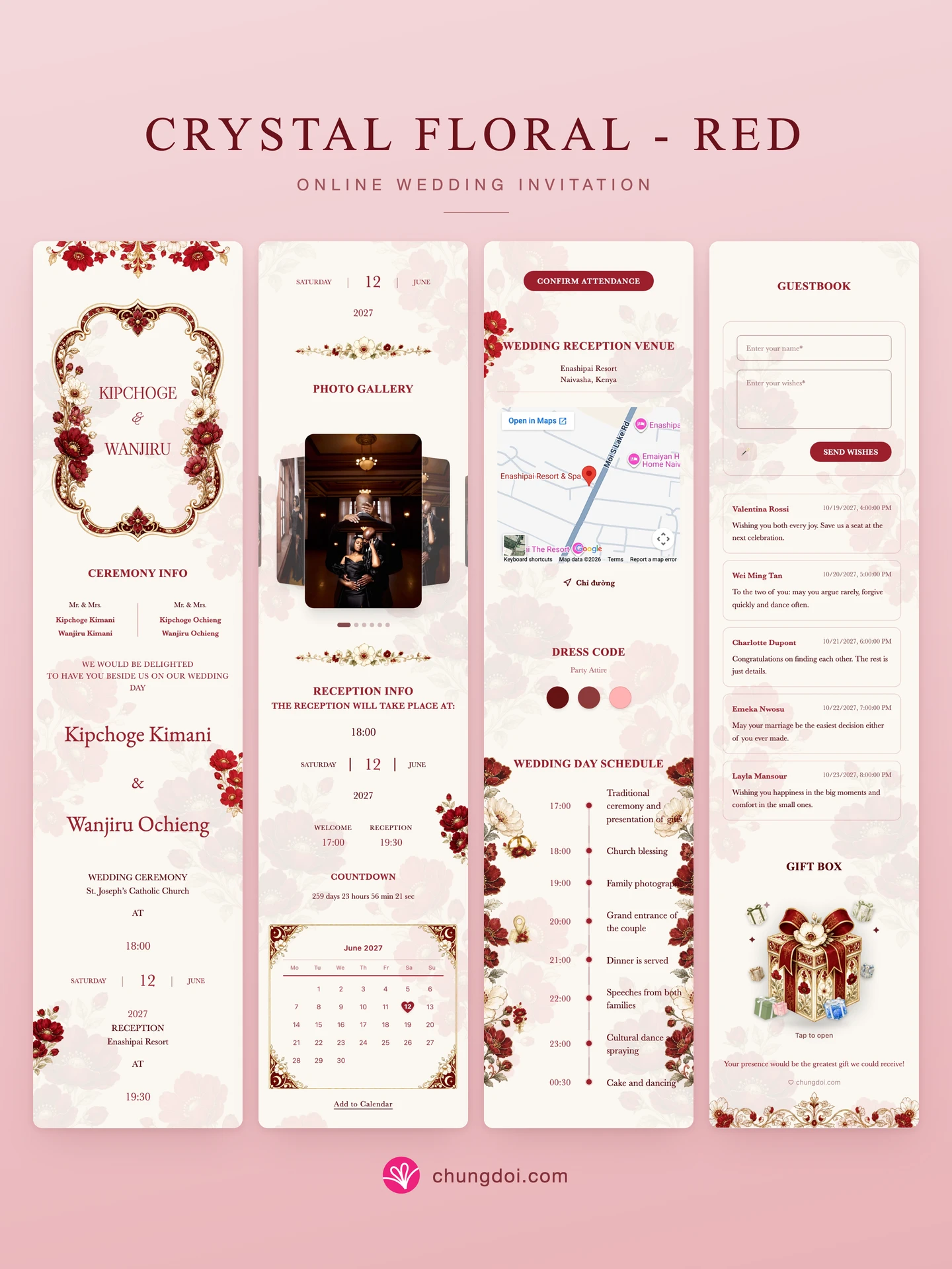 Full view of the Crystal Floral - Red wedding invitation: its three sections side by side