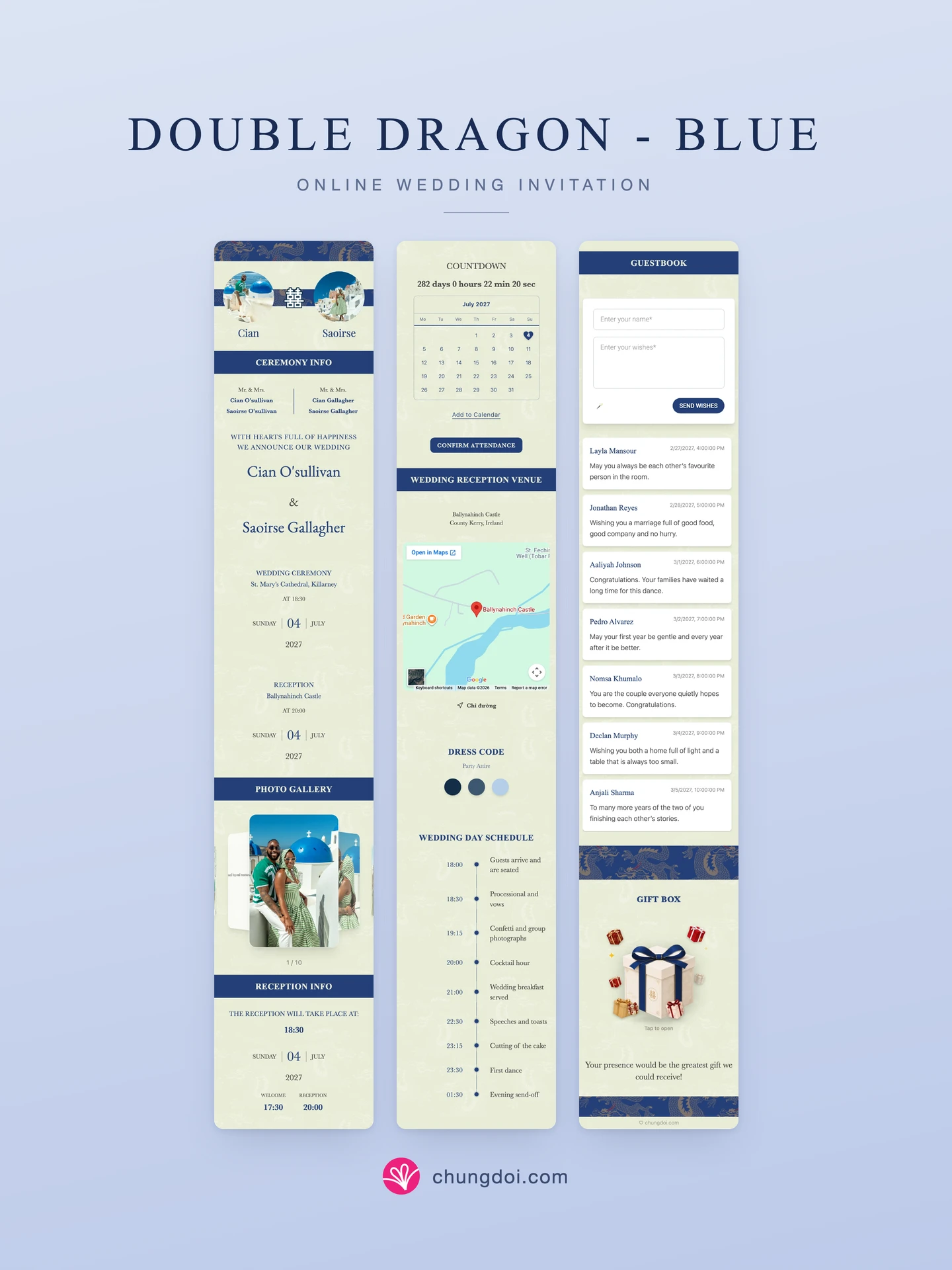 Full view of the Double Dragon - Blue wedding invitation: its three sections side by side