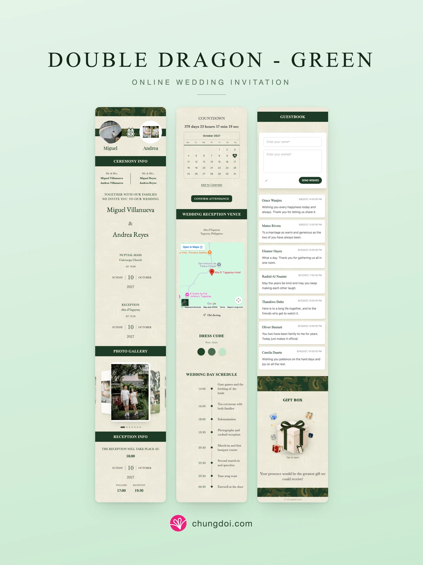 Full view of the Double Dragon - Green wedding invitation: its three sections side by side
