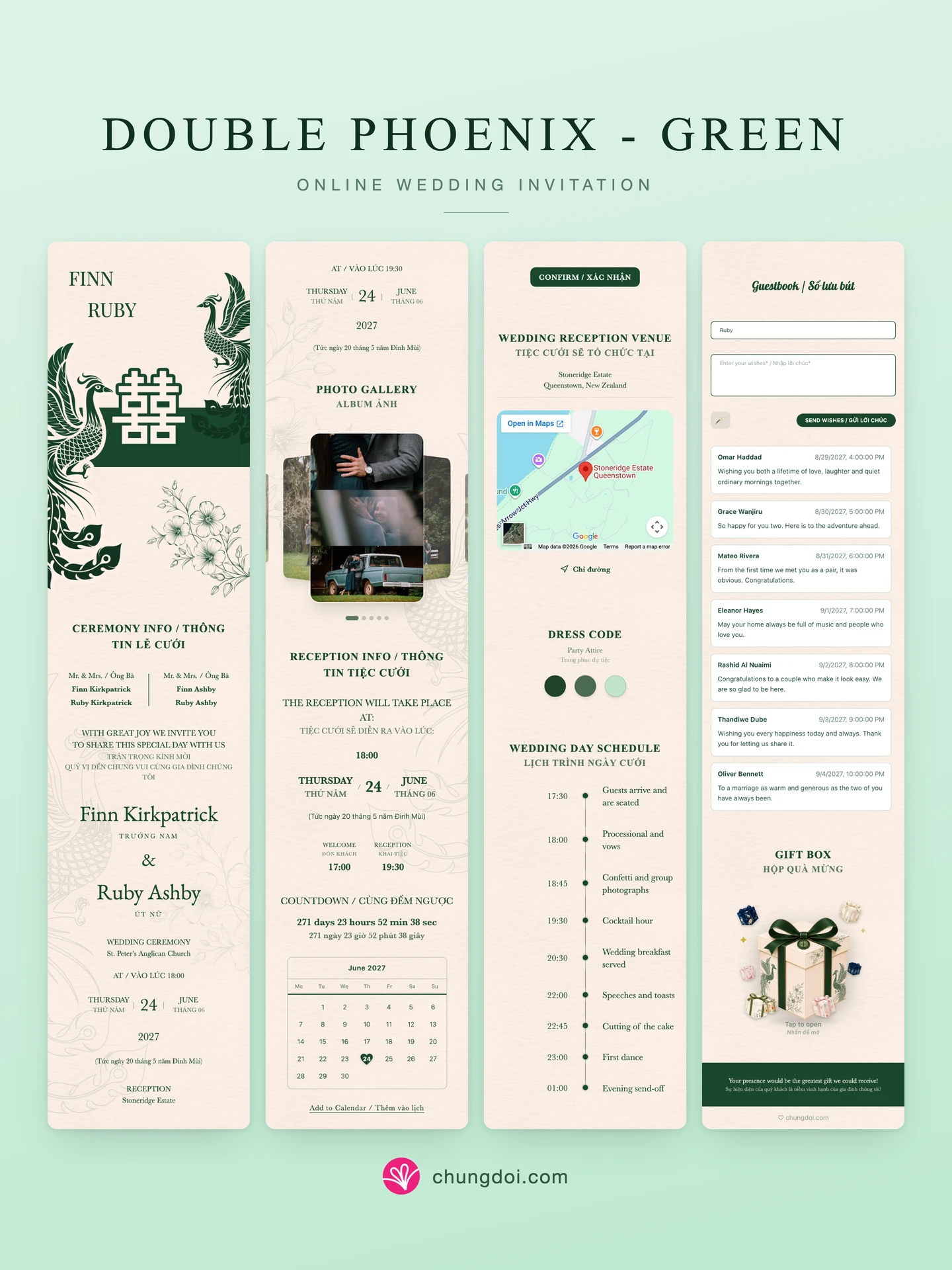 Full view of the Double Phoenix - Green wedding invitation: its three sections side by side