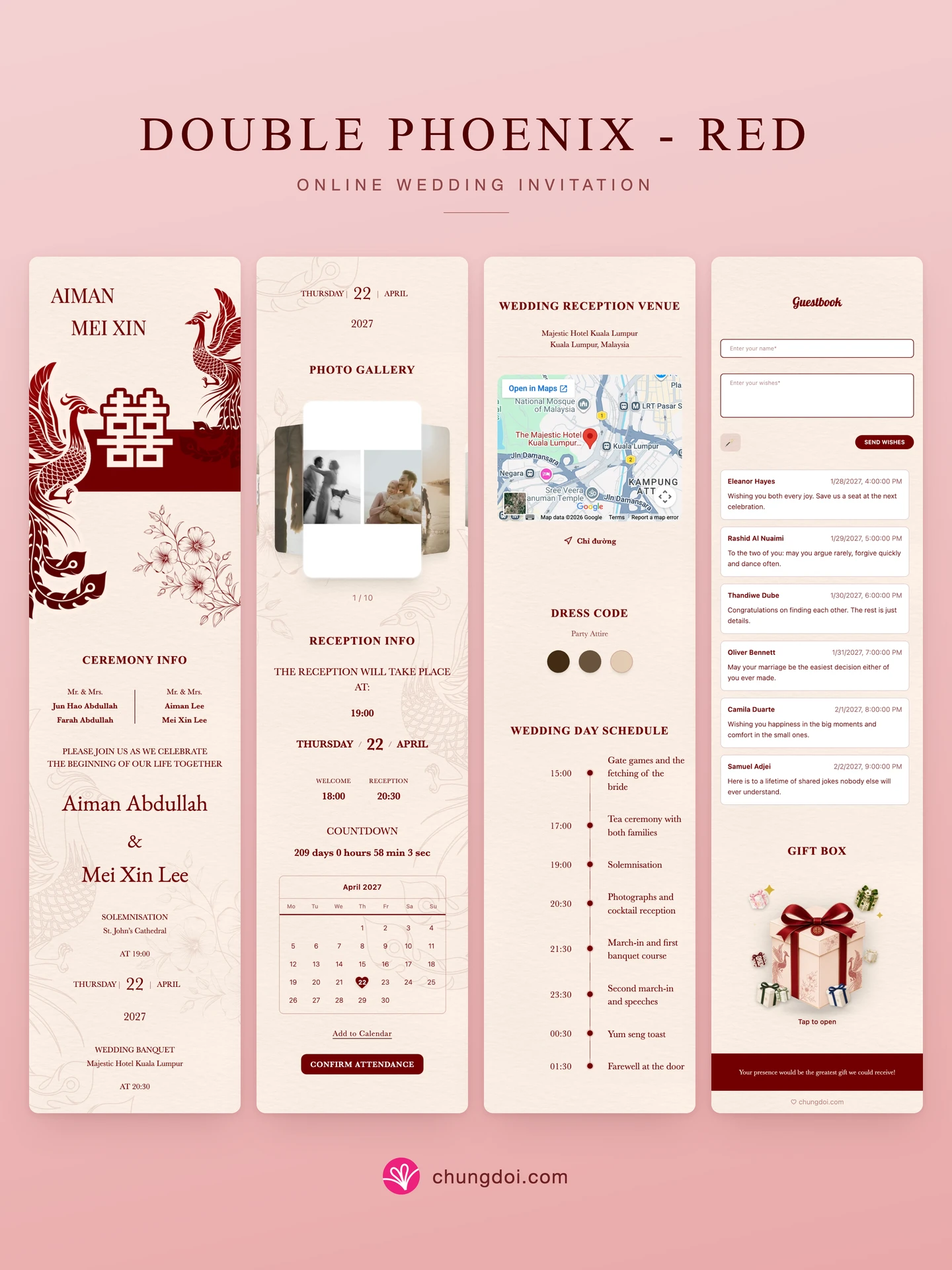 Full view of the Double Phoenix - Red wedding invitation: its three sections side by side