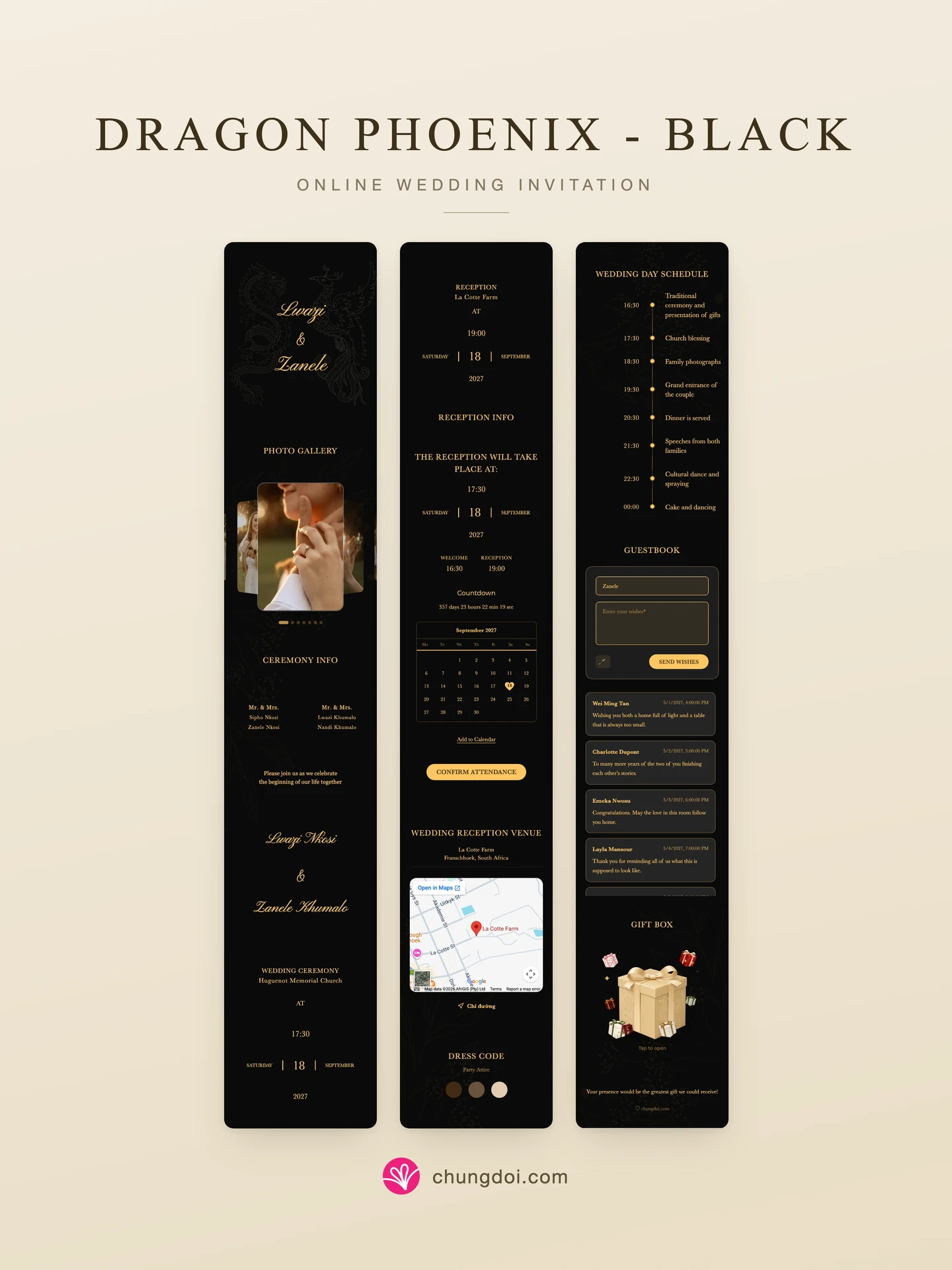 Full view of the Dragon Phoenix - Black wedding invitation: its three sections side by side