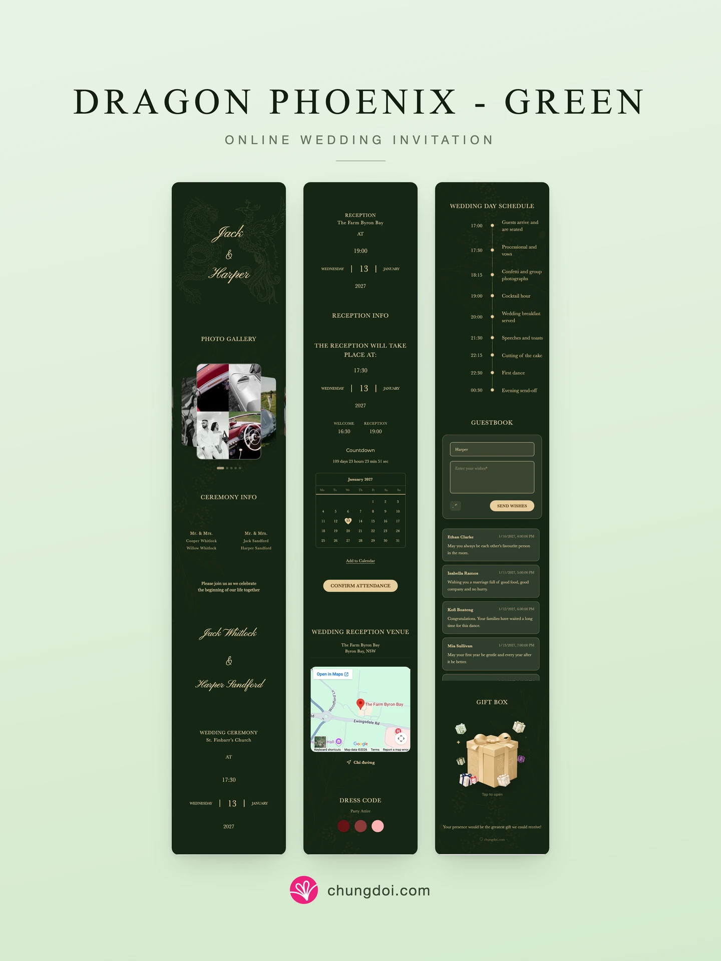 Full view of the Dragon Phoenix - Green wedding invitation: its three sections side by side