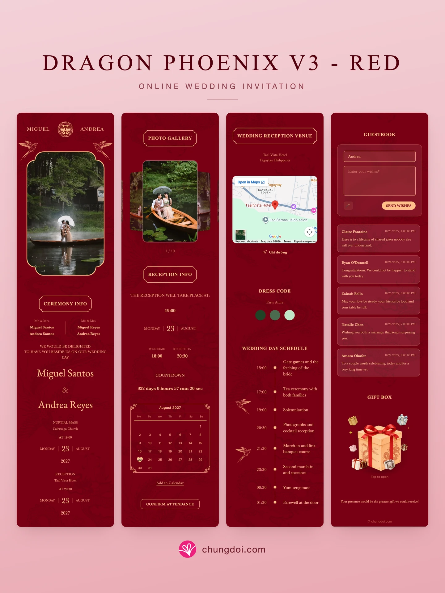Full view of the Dragon Phoenix V3 - Red wedding invitation: its three sections side by side