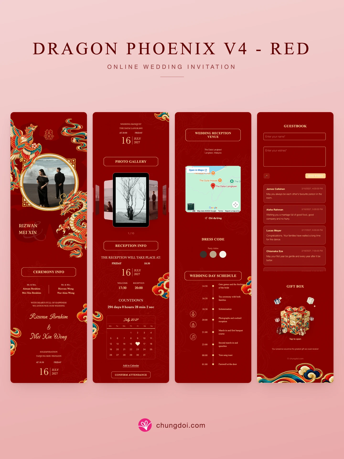 Full view of the Dragon Phoenix V4 - Red wedding invitation: its three sections side by side