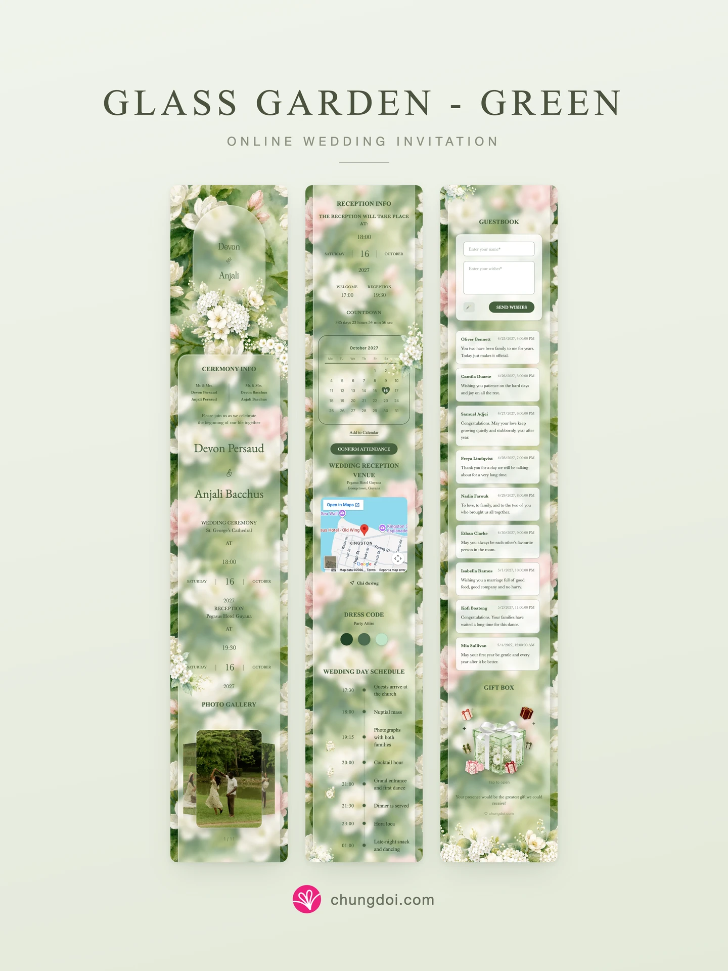 Full view of the Glass Garden - Green wedding invitation: its three sections side by side