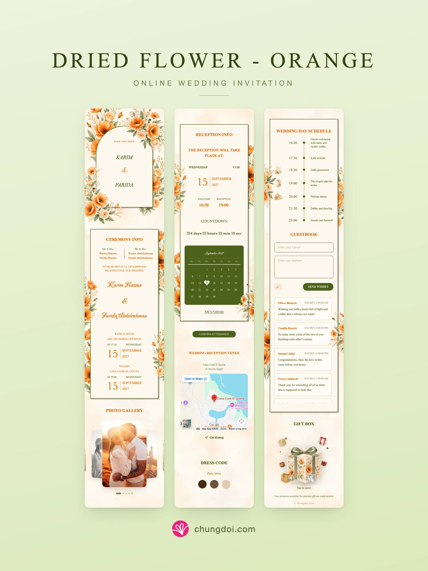 Full view of the Dried Flower - Orange wedding invitation: its three sections side by side